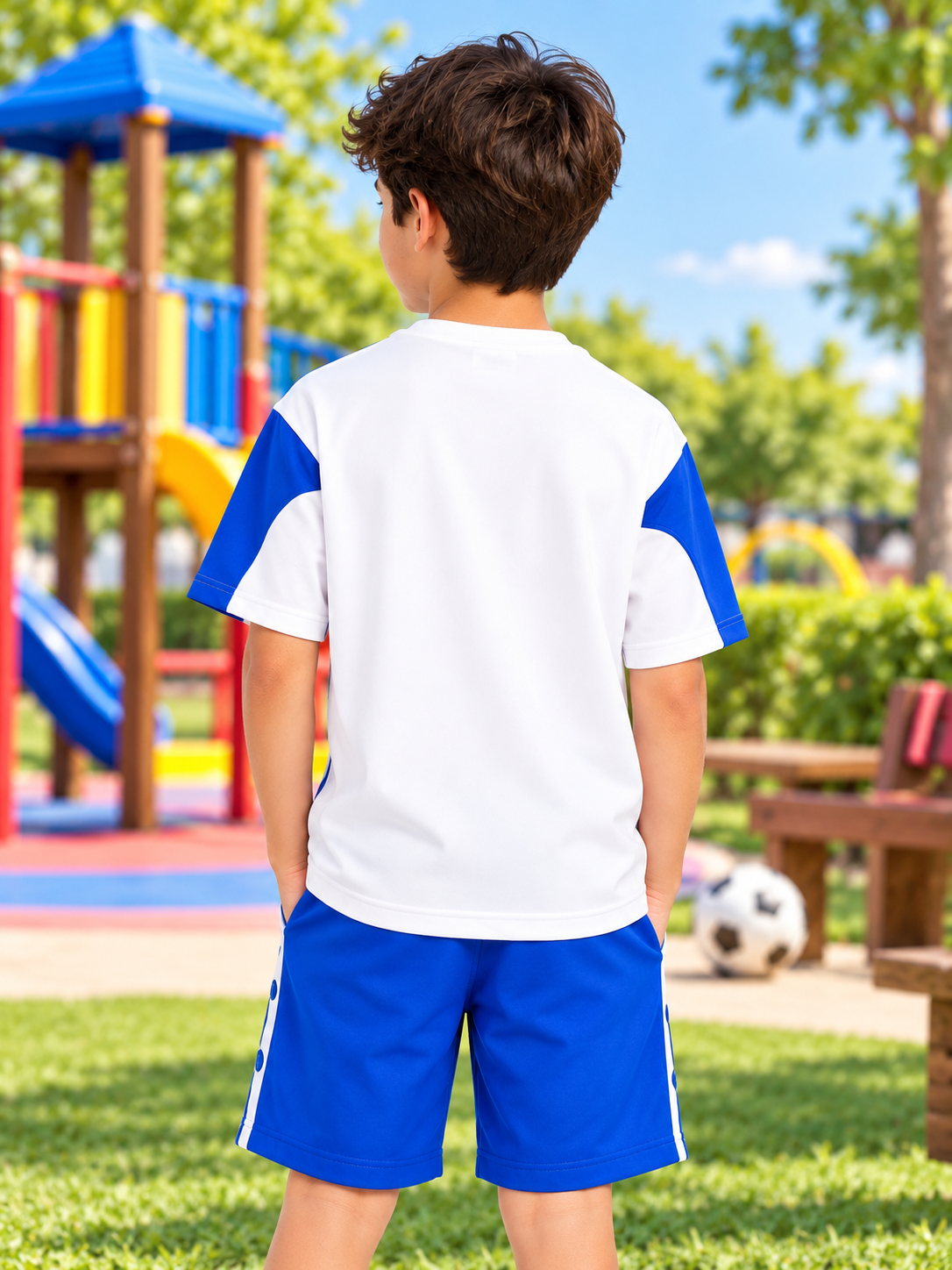 CANDOR OVER-SIZED T-SHIRT FOR BOYS GIRLS WHITE BLUE worn by a boy at the playground, back view showing fit