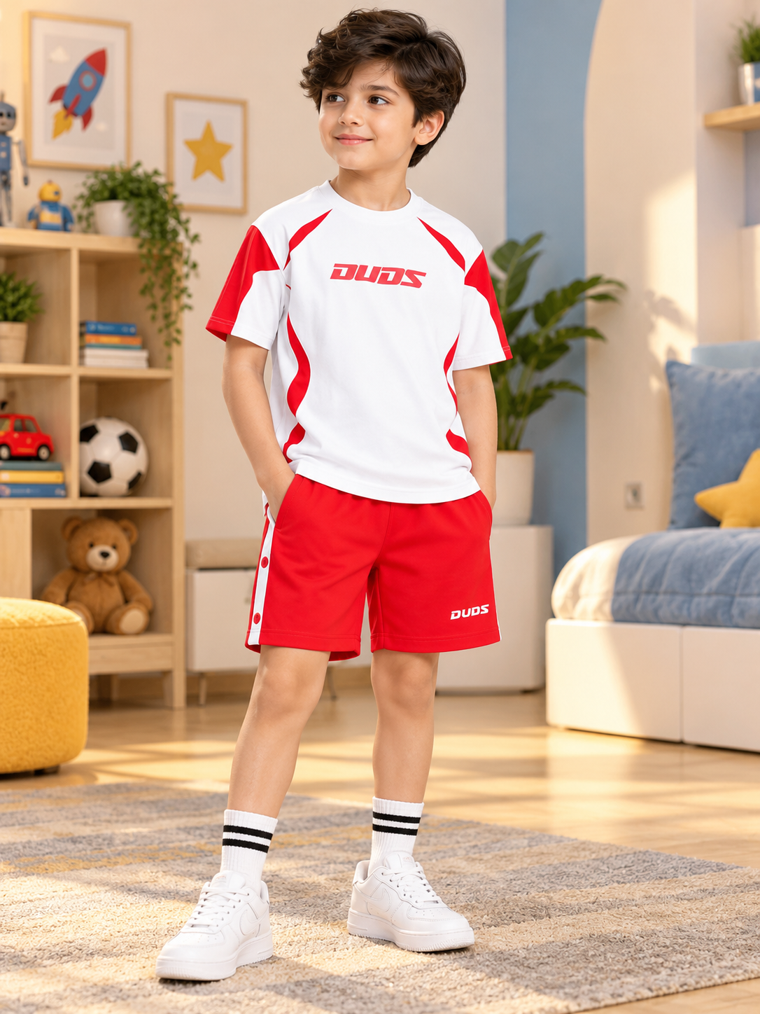 CANDOR OVER-SIZED T-SHIRT FOR BOYS GIRLS WHITE RED styled with matching red shorts for a trendy kids outfit