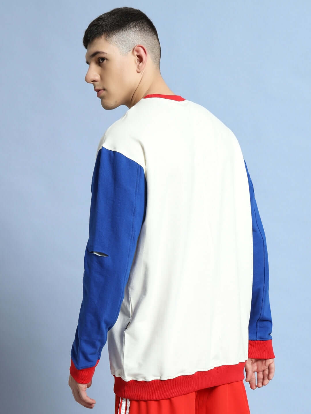 Model wearing Candy Crush Oversized Sweatshirt in multi-color with premium cotton fabric, showcasing back view of the garment.