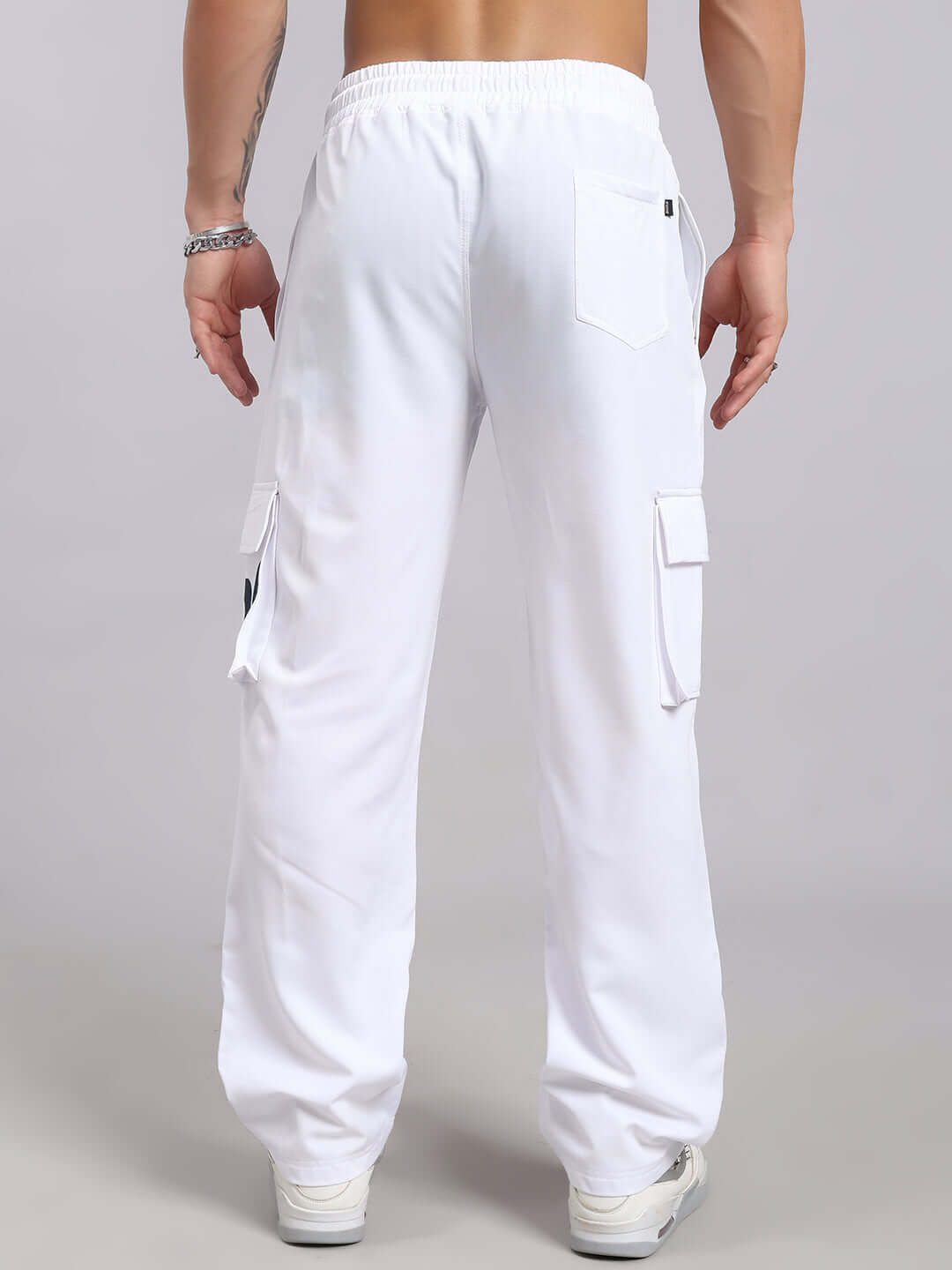Rear view of Carmine Relaxed Fit White Jogger highlighting pockets, tailored by DUDS, showcasing customizable fit and comfort.