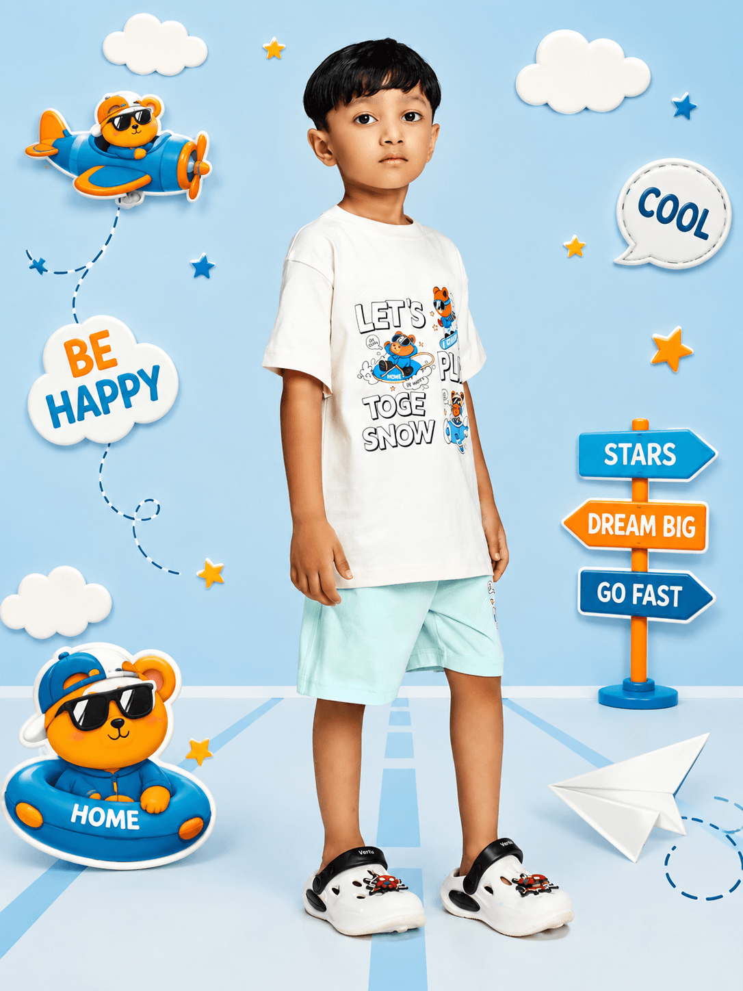 CARTOON BEAR CO-ORD SET FOR BOYS AND GIRLS WHITE MINT GREEN worn by boy in playful setting with clouds and graphics.