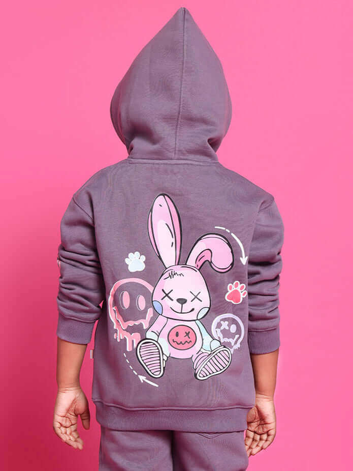 Back view of child wearing violet CASPER CO-ORD hoodie featuring a playful bunny design.