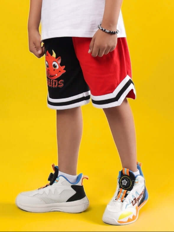 CASSIE SHORTS FOR BOYS & GIRLS BLACK-RED featuring vibrant colors and playful design for kids.