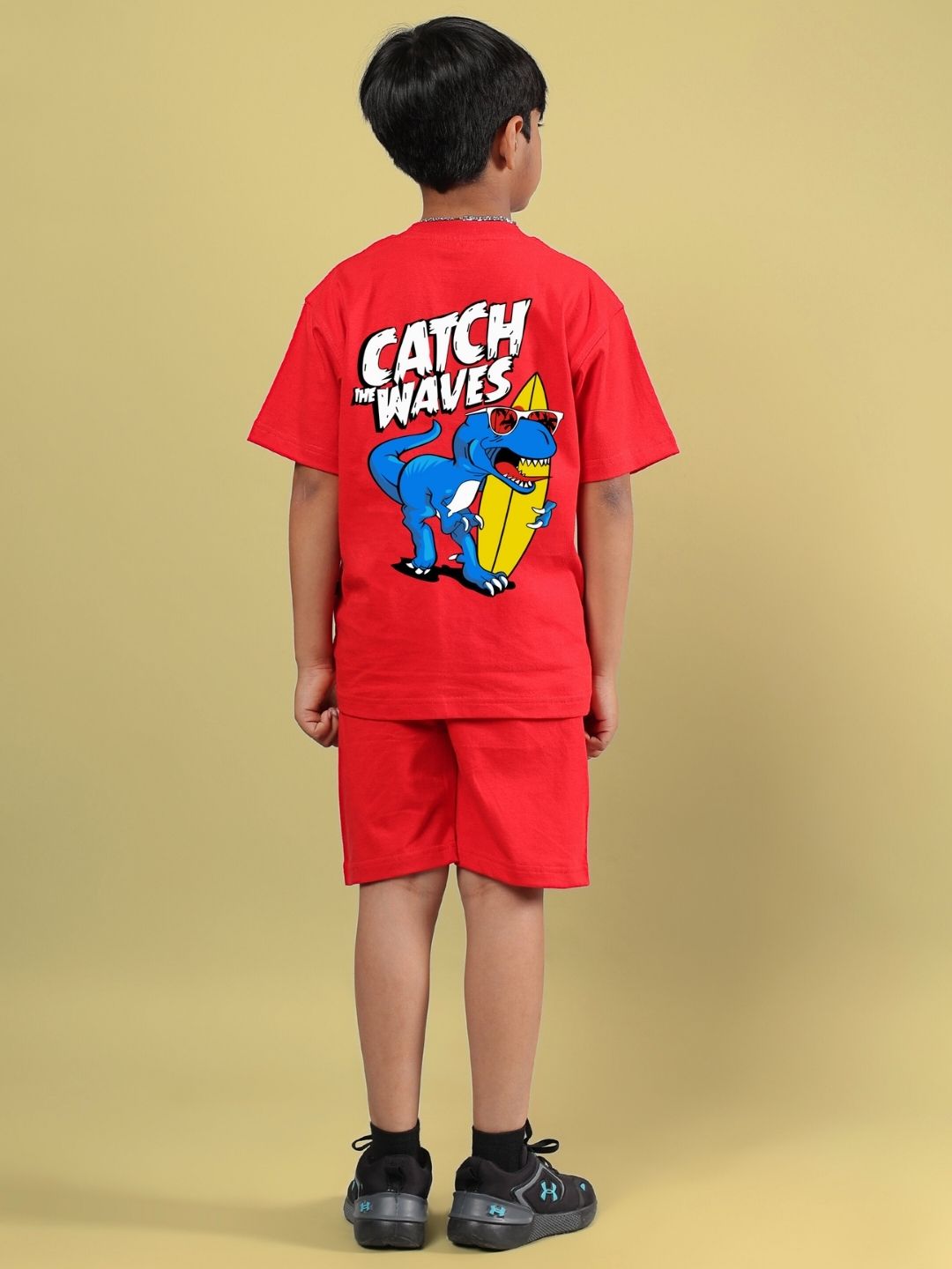 CATCH THE WAVES CO-ORD FOR BOYS & GIRLS RED outfit with graphic design featuring a shark and surfboard, perfect summer wear for kids.