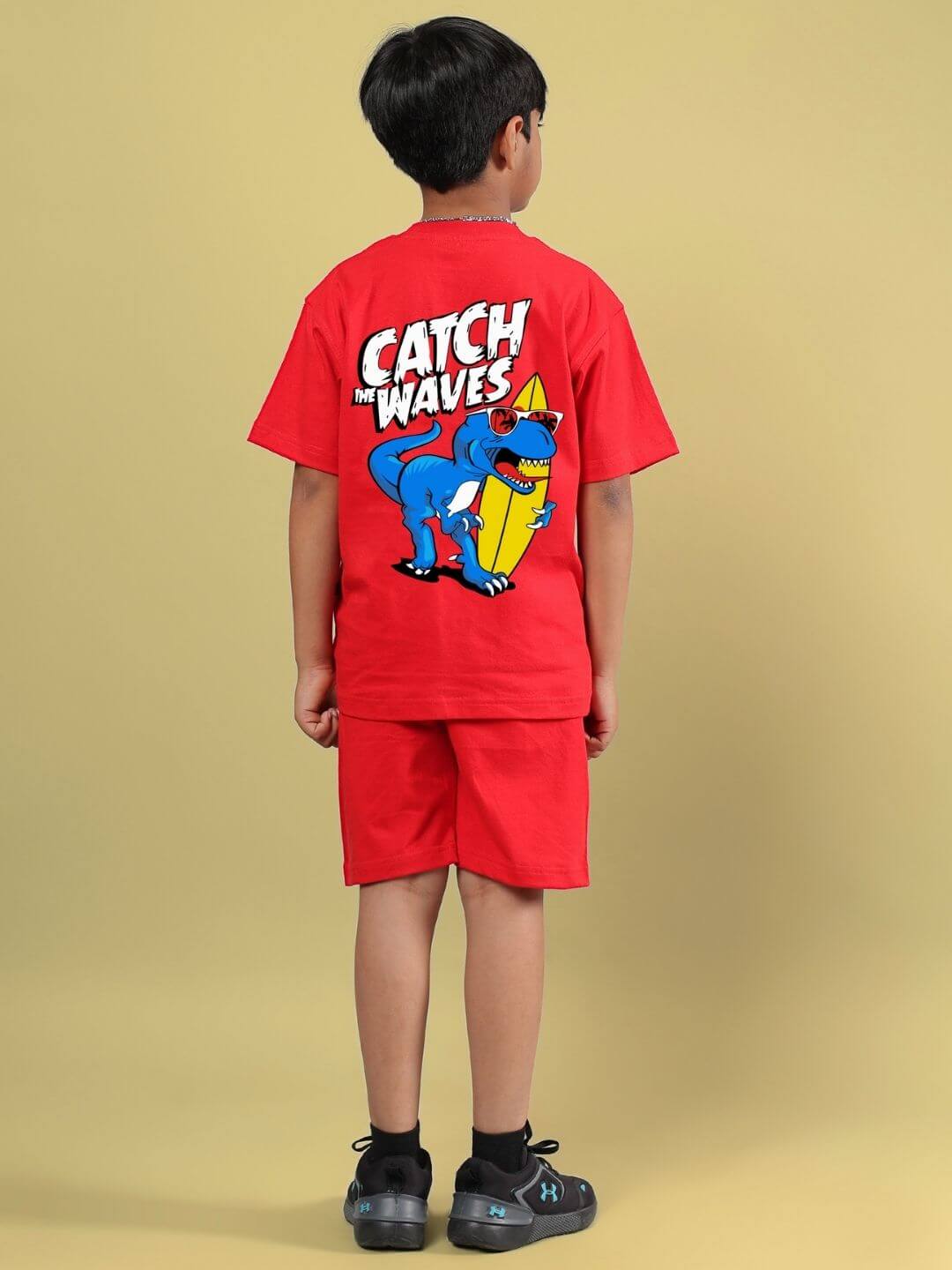 CATCH THE WAVES CO-ORD FOR BOYS & GIRLS RED featuring a stylish red tee and shorts with a fun design, perfect for kids' fashion.