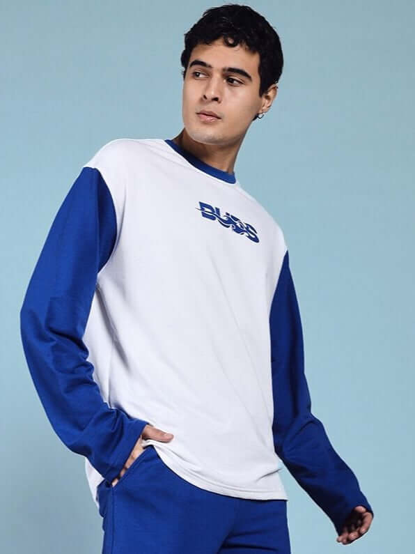 Man wearing a CELESTINE Cool Sweatshirt in white-blue with premium cotton blend. Comfortable, stylish, India-made apparel.
