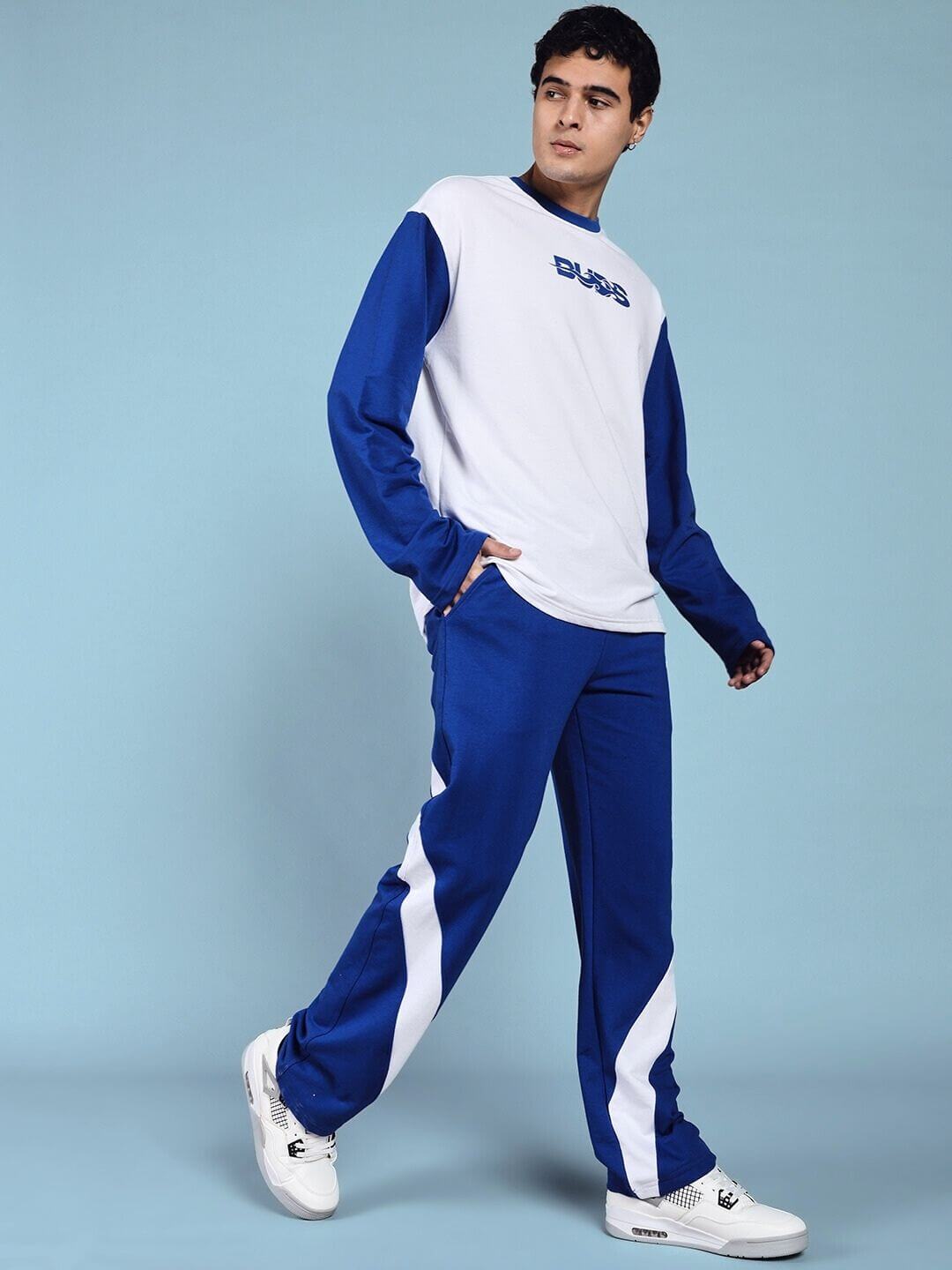 CELESTINE COOL RELAXED FIT CO-ORD SET WHITE BLUE worn by model