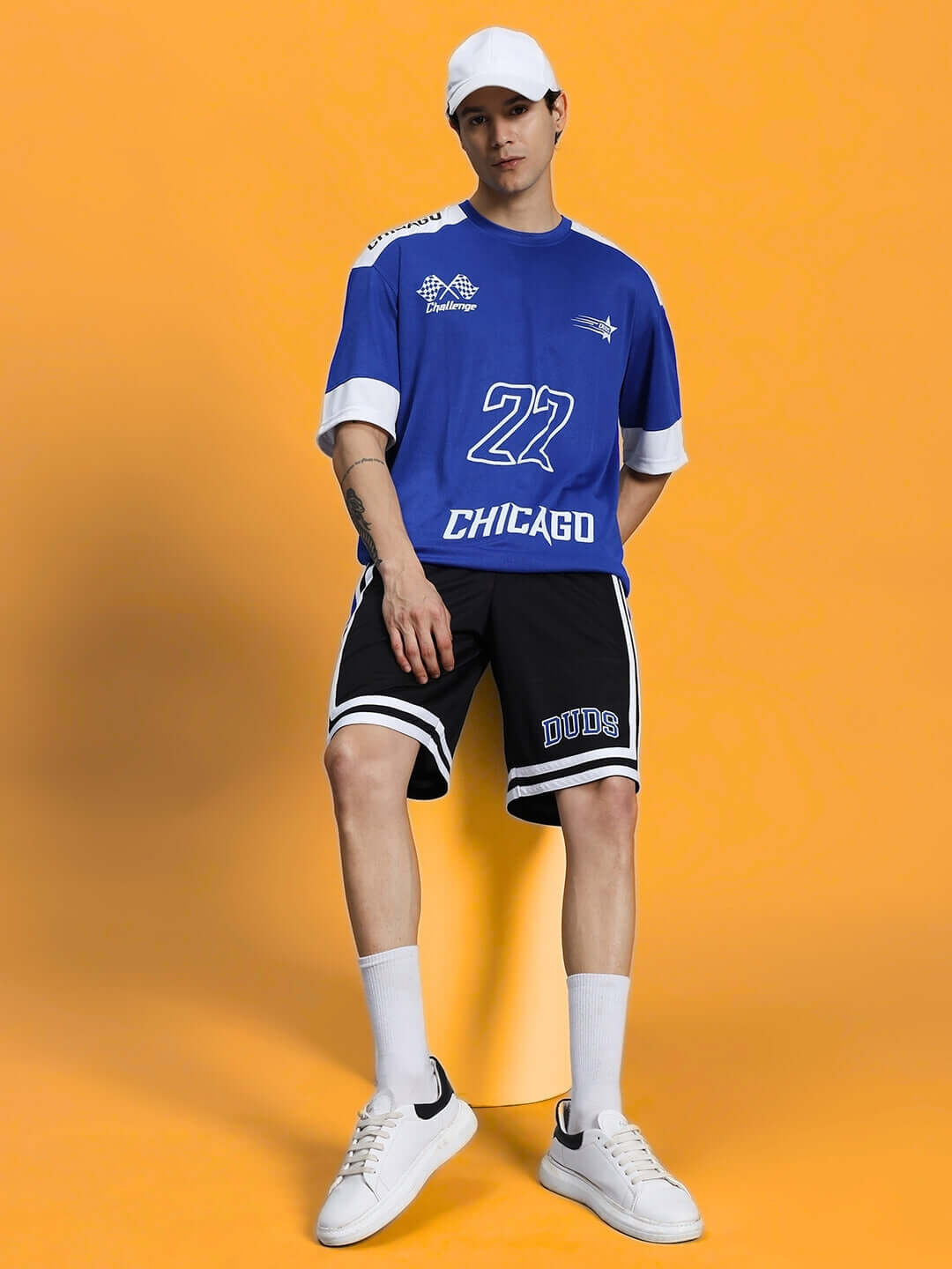 Kid wearing CHALLENGE COLORBLOCK CO-ORD SET ROYAL BLUE with bold colorblocking, suitable for activewear or casual days.