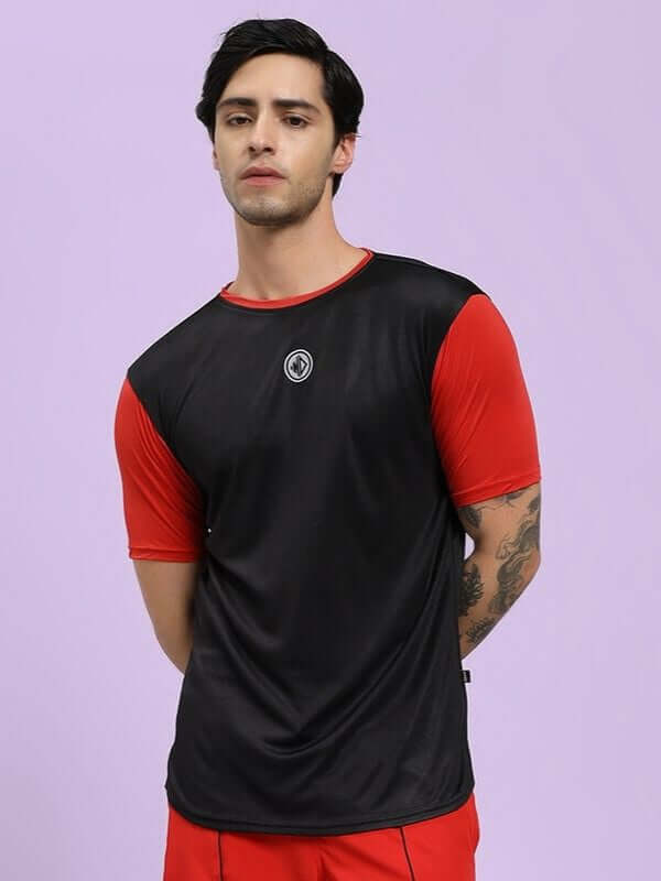 CHAMPION ZONE REGULAR FIT T-SHIRT BLACK RED modeled in athletic fashion