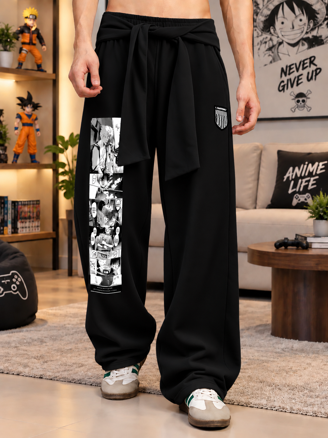 CHILL GRAPHIC COTTON TERRY JOGGERS BLACK with anime manga print, tied waist drawstring, oversized wide-leg fit for men