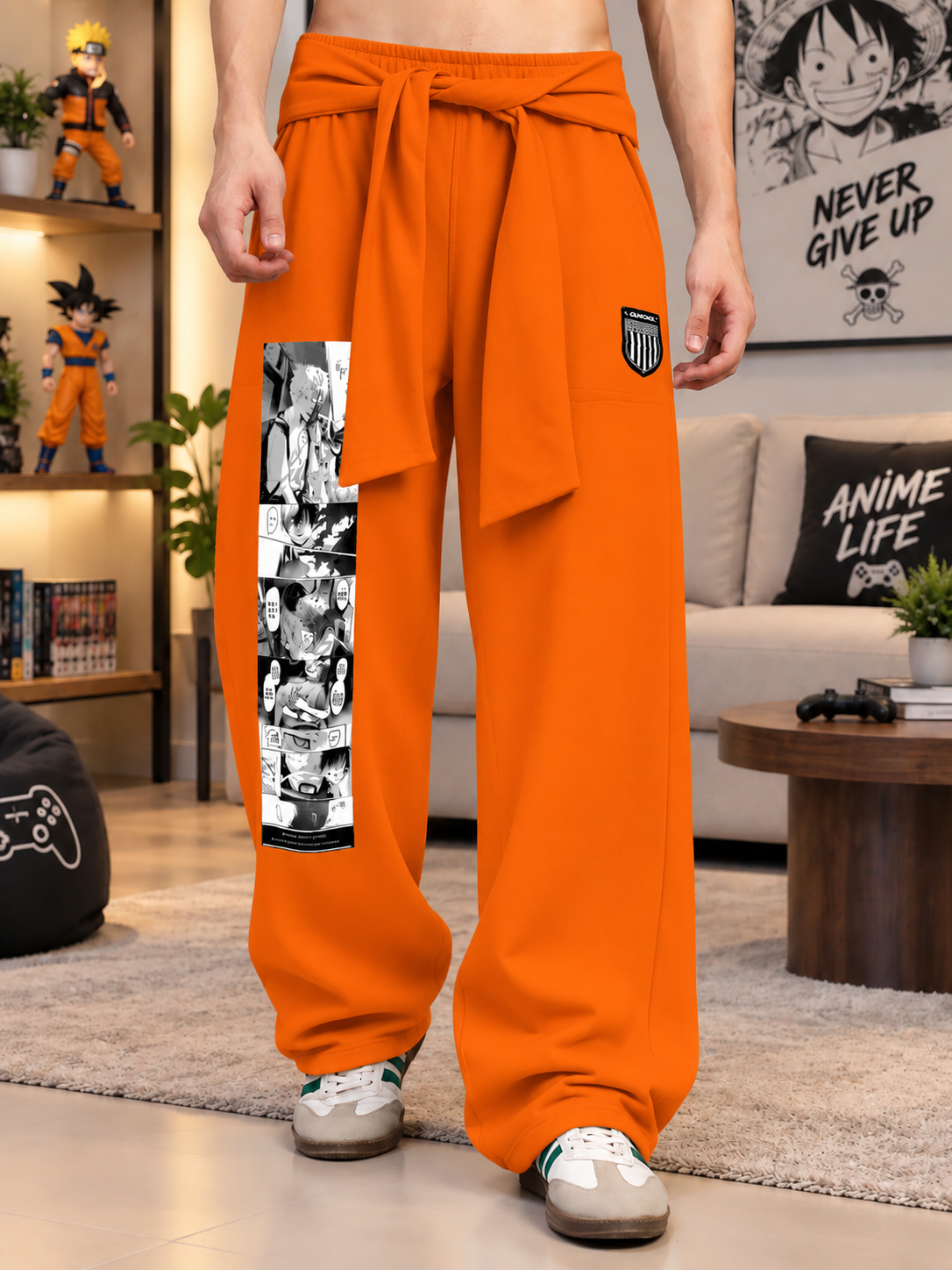 CHILL GRAPHIC COTTON TERRY JOGGERS ORANGE with anime manga print, wide-leg comfy fit style for casual streetwear look