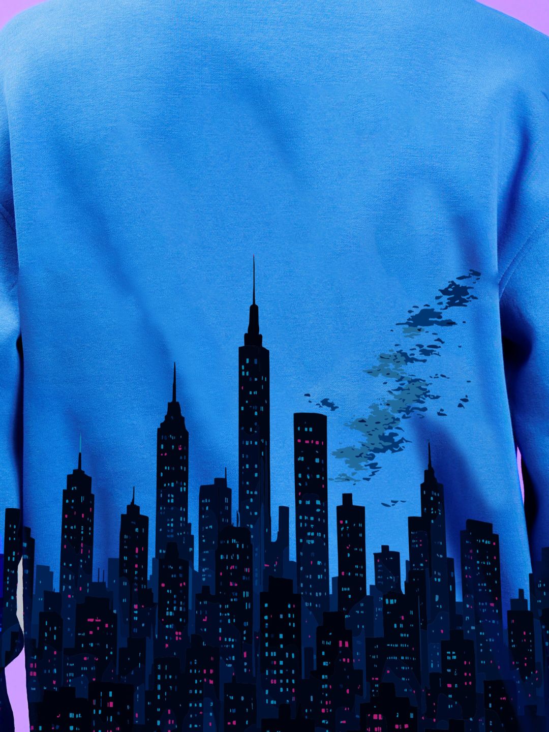 Back view of CITY OF DREAMS PRINTED HOODIE ROYAL BLUE with cityscape design in rich royal blue fleece.