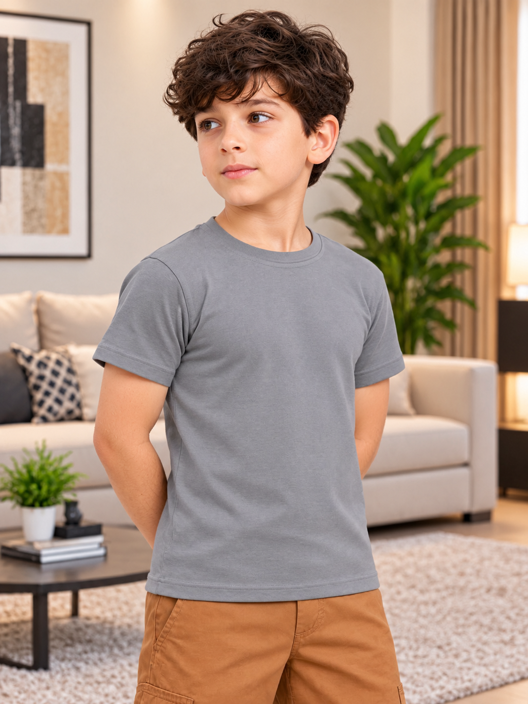 Kids Grey Classic Slim Fit T-Shirt by WEARDUDS worn by boy in casual living room setting