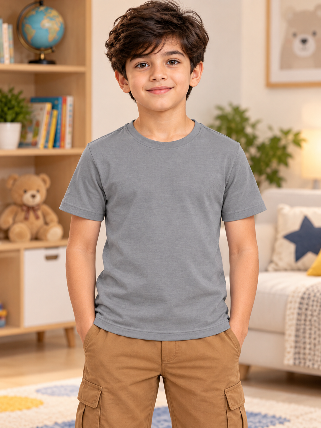 Kids Grey Classic Slim Fit T-Shirt worn by smiling boy in cozy living room setting by WEARDUDS