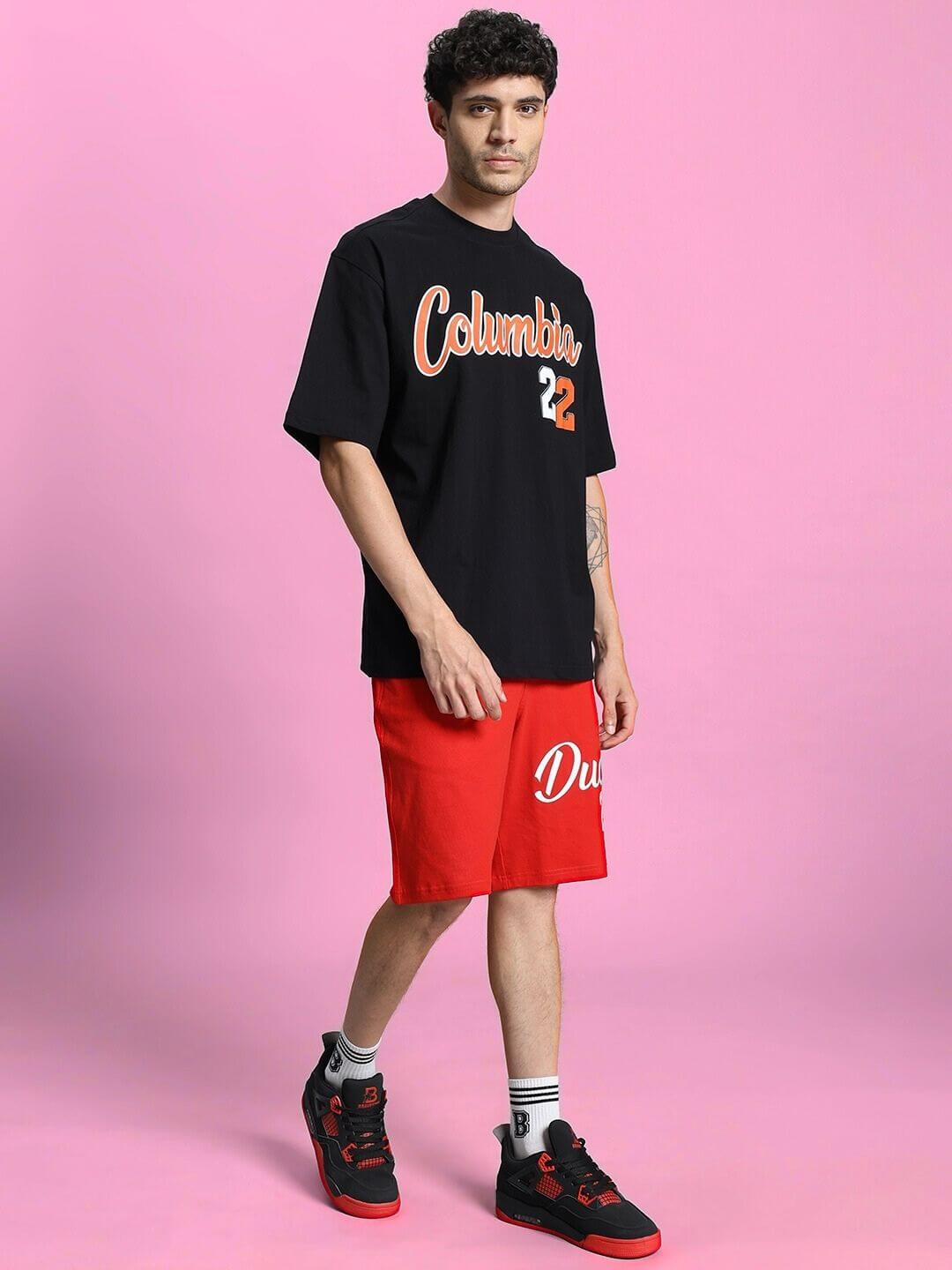 COLUMBIA 22 PRINT SUMMER CO-ORD SET BLACK RED with oversized t-shirt and shorts, urban style fashion outfit for men.