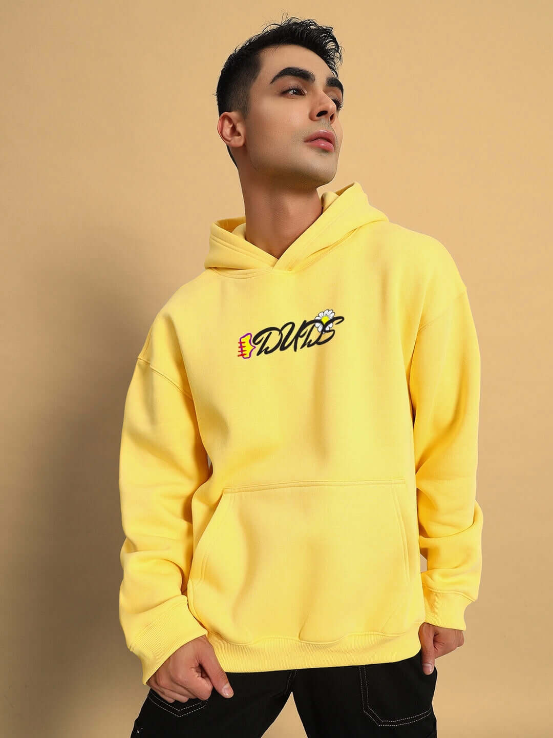 CONFUSED FLEECE OVERSIZED HOODIE YELLOW streetwear style showcasing the bold yellow color and relaxed design in cozy fleece fabric.