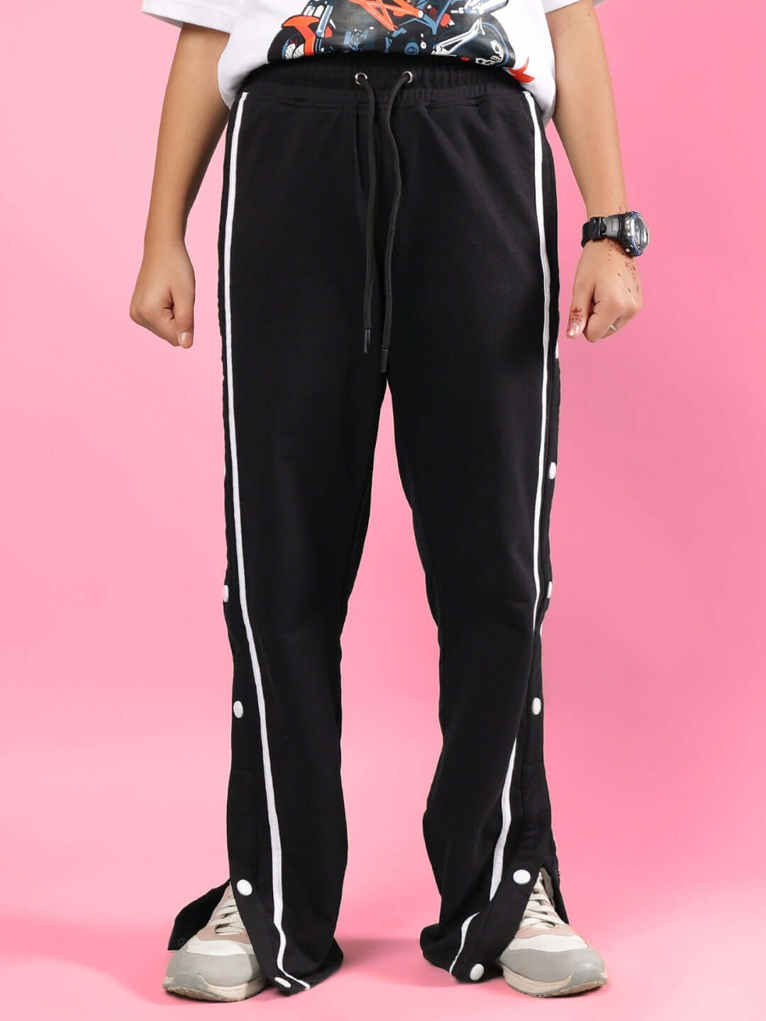 CONTRAST PANEL JOGGER FOR BOYS & GIRLS BLACK with buttons, comfortable wear, customizable size, made-to-order, front view on model.