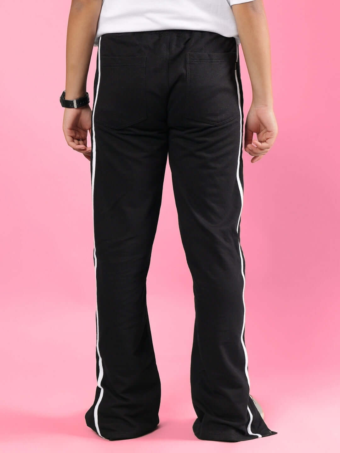 Back view of CONTRAST PANEL JOGGER FOR BOYS & GIRLS BLACK with white stripes, perfect for kids' fashion and customizable fit options.