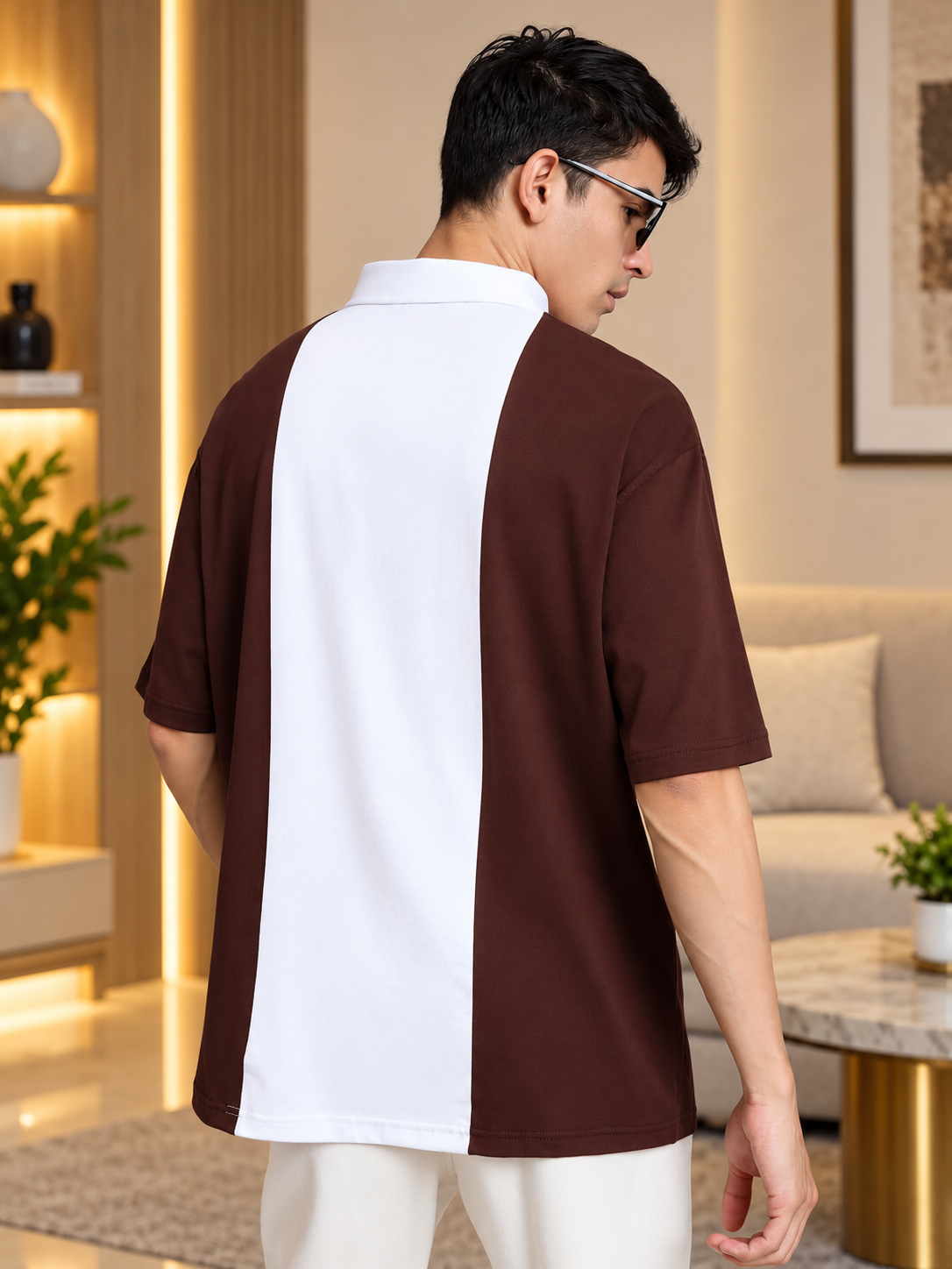 CONTRAST POLO OVERSIZED ZIPPER T-SHIRT BROWN WHITE