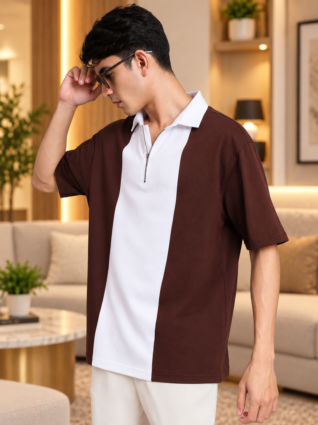 CONTRAST POLO OVERSIZED ZIPPER T-SHIRT BROWN WHITE