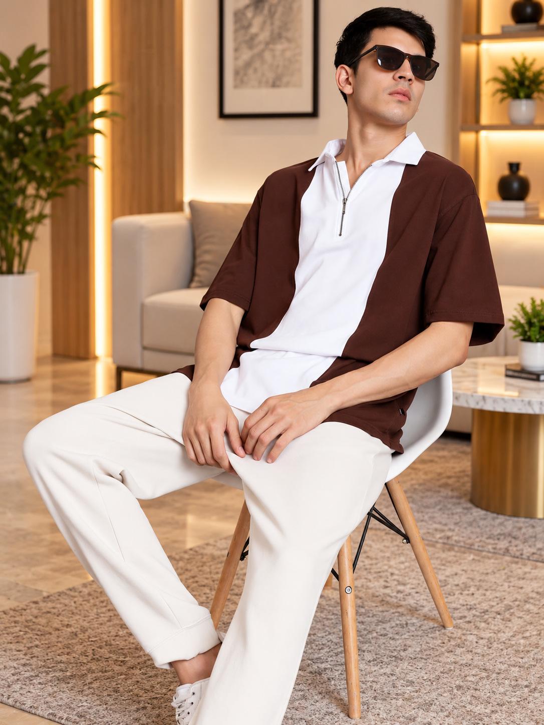 CONTRAST POLO OVERSIZED ZIPPER T-SHIRT BROWN WHITE