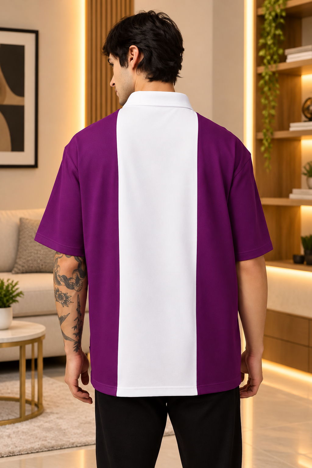 CONTRAST POLO OVERSIZED ZIPPER T-SHIRT PURPLE WHITE - Wearduds, view 3