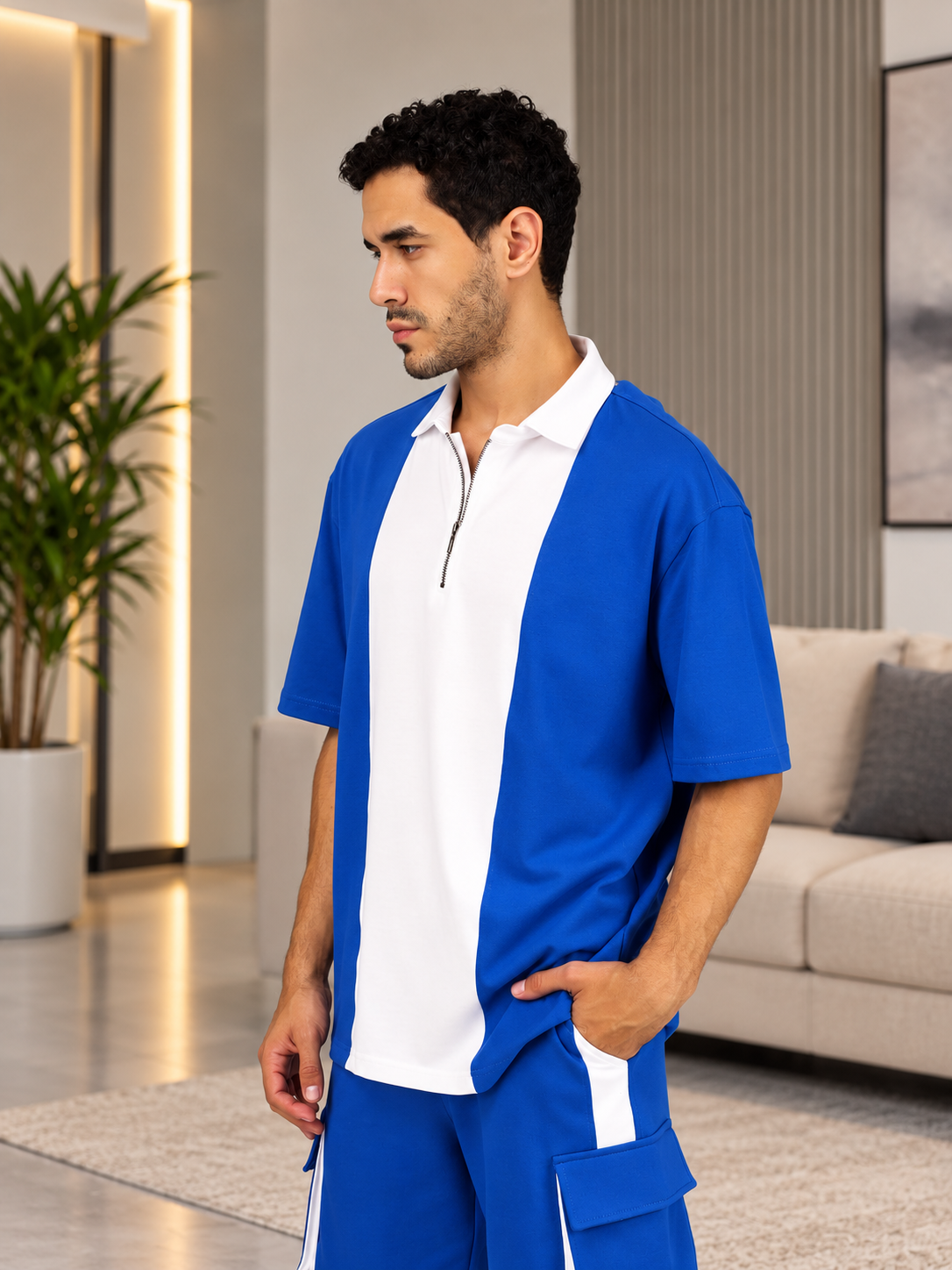 CONTRAST POLO OVERSIZED ZIPPER T-SHIRT ROYAL BLUE WHITE