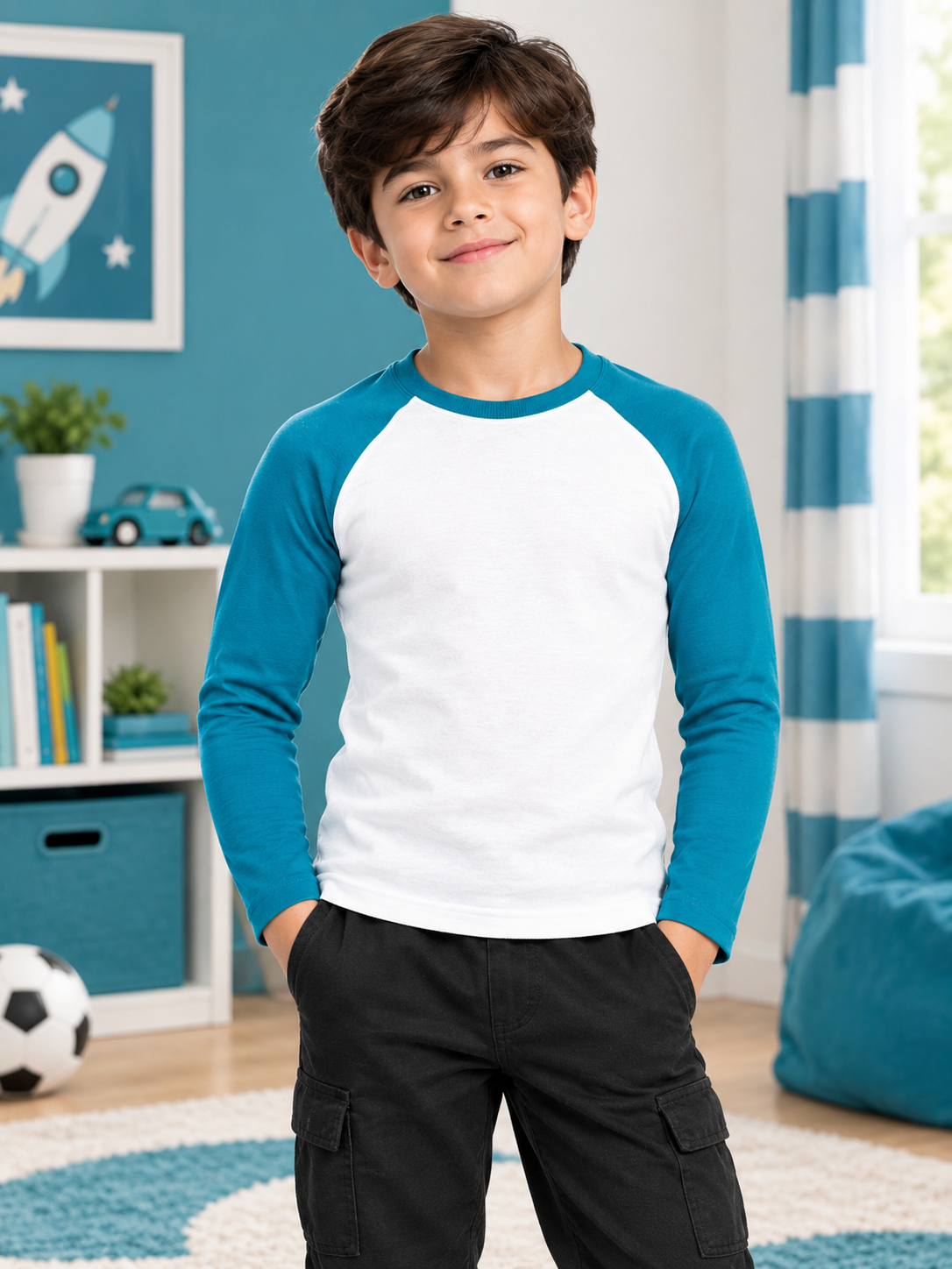 ROUND NECK SLIM FIT T-SHIRT FOR BOYS GIRLS WHITE TEAL BLUE worn by smiling boy in cozy bedroom setting