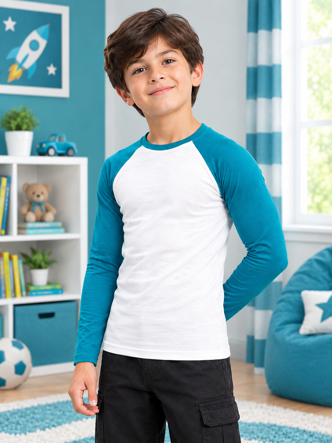 ROUND NECK SLIM FIT T-SHIRT FOR BOYS GIRLS WHITE TEAL BLUE worn by smiling boy in cozy bedroom setting