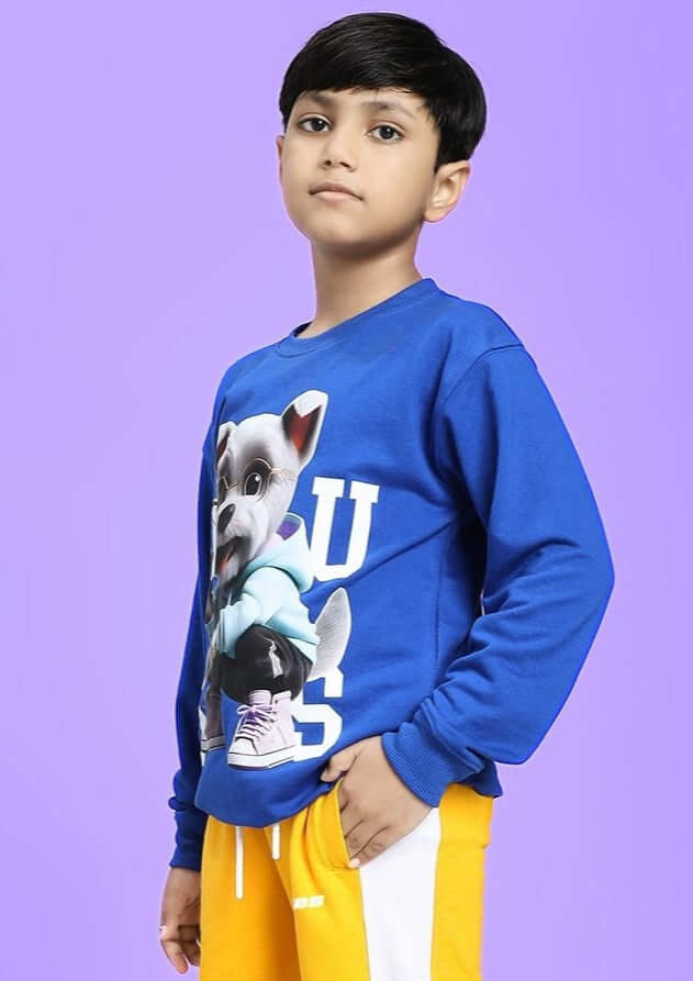 Boy wearing COOL PUP SWEATSHIRT FOR BOYS AND GIRLS ROYAL BLUE with dog print, vibrant style for active kids