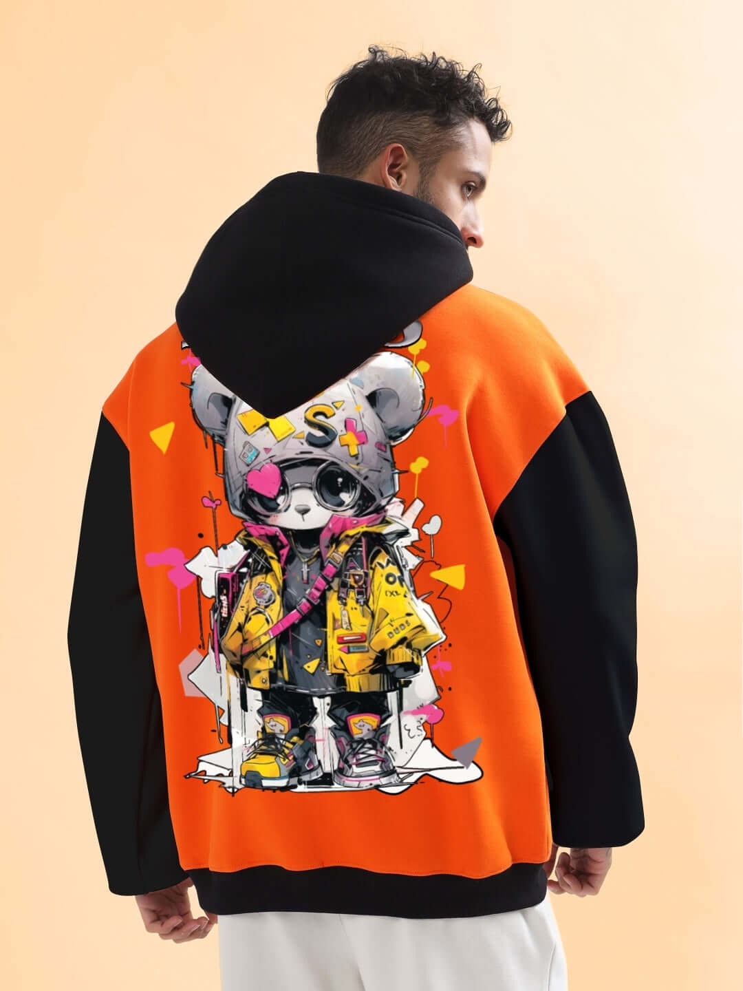Back view of COOL TEDDY FLEECE COLORBLOCK OVERSIZE HOODIE ORANGE BLACK featuring graphic design.
