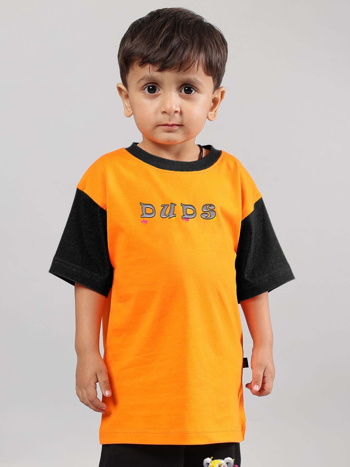 Orange COOL TEDDY T-Shirt for kids by DUDS, featuring black sleeves and a comfortable fit, ideal for boys and girls.