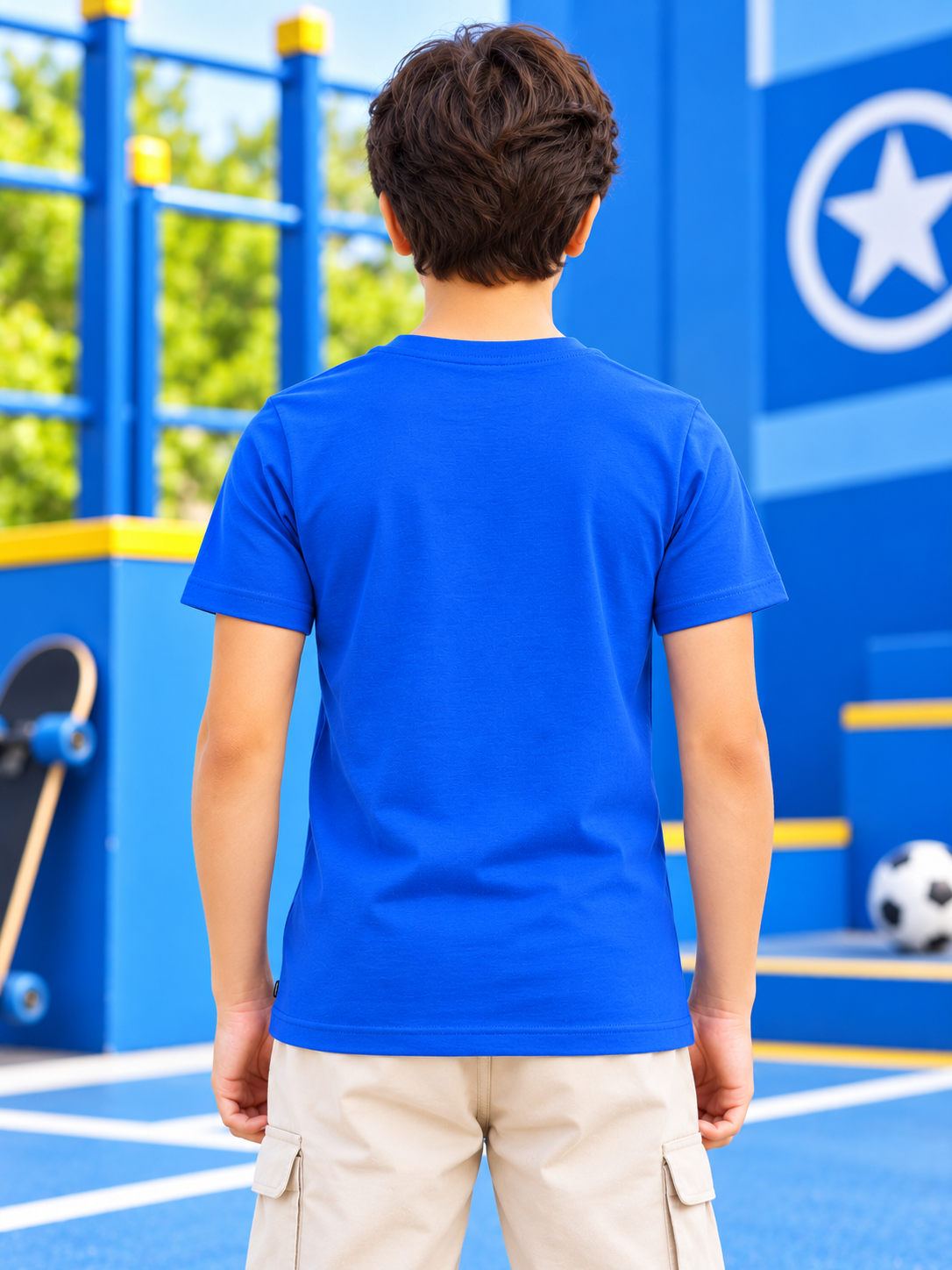 CORE SHORT REGULAR FIT T-SHIRT FOR BOYS GIRLS ROYAL BLUE worn by boy at playground, back view, casual everyday style