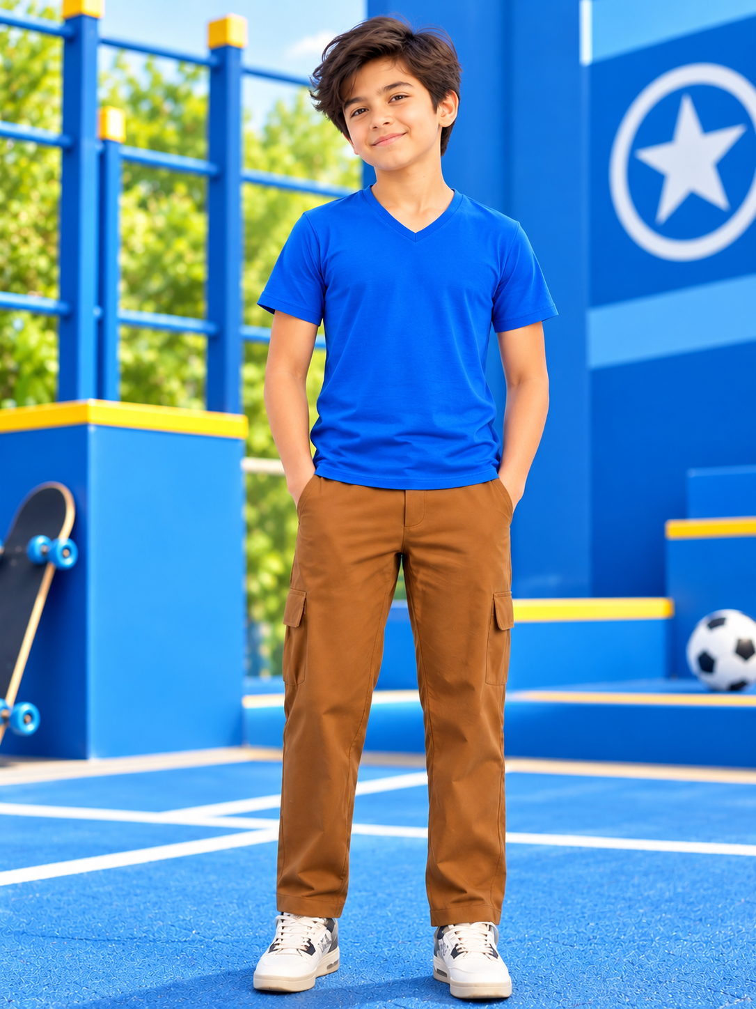 CORE SHORT REGULAR FIT T-SHIRT FOR BOYS GIRLS ROYAL BLUE styled with cargo pants for a casual everyday look