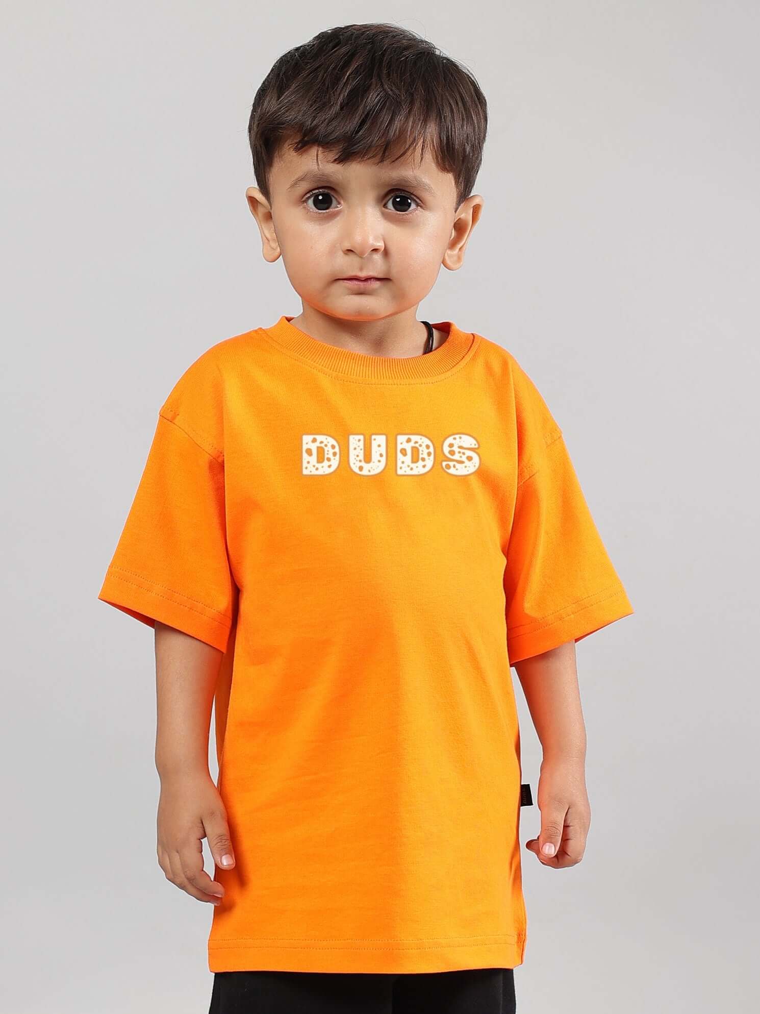 Child wearing orange DUDS Courage Toon T-shirt for boys & girls, customizable size, made by experienced tailors. Shipping 7-10 days.