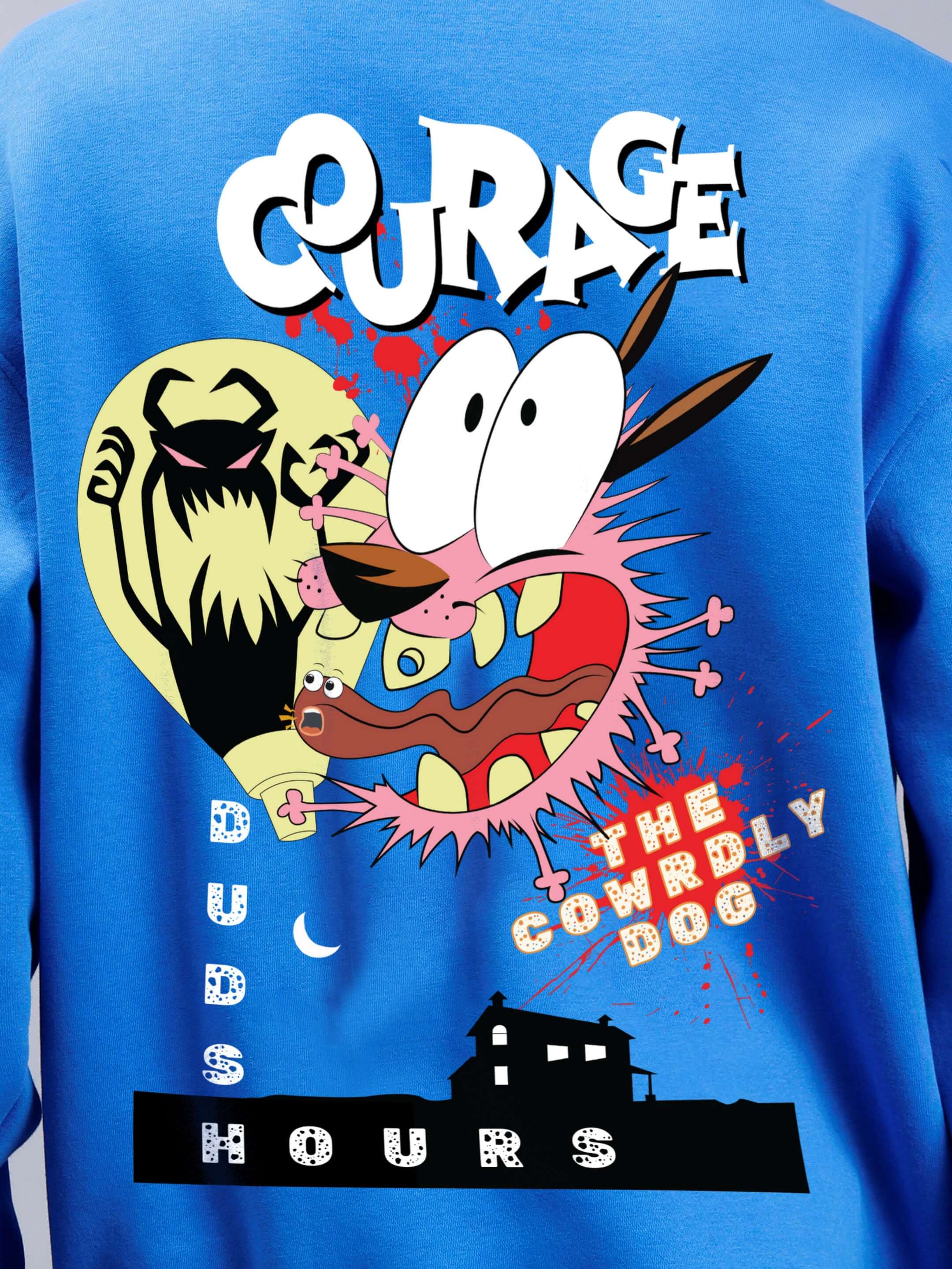 Back view of a royal blue oversized hoodie featuring a cartoon graphic design with text "Courage the Cowardly Dog."