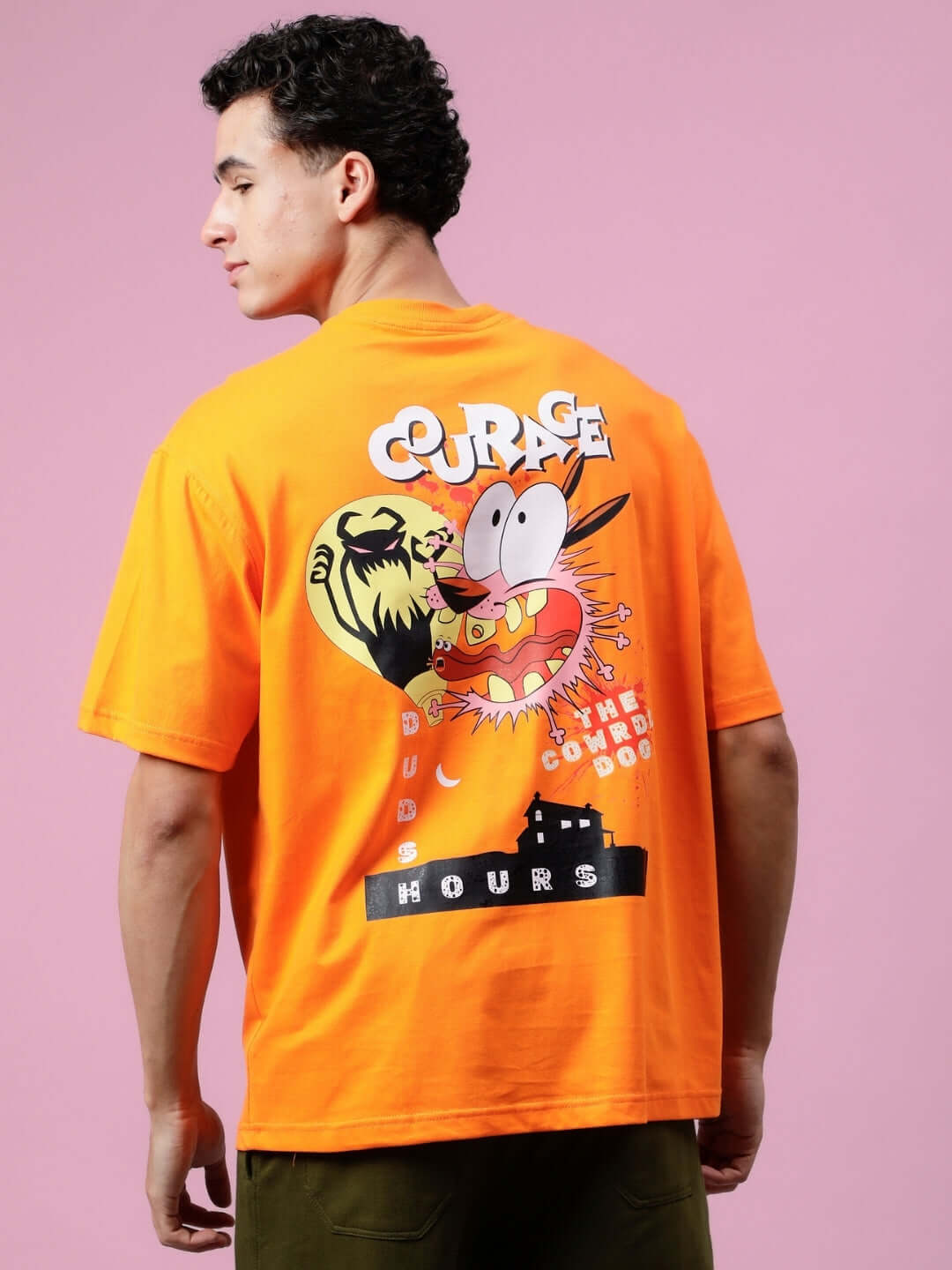 Orange oversized Courage T-shirt featuring graphic design on back, customizable sizing available for prepaid orders from DUDS fashion.