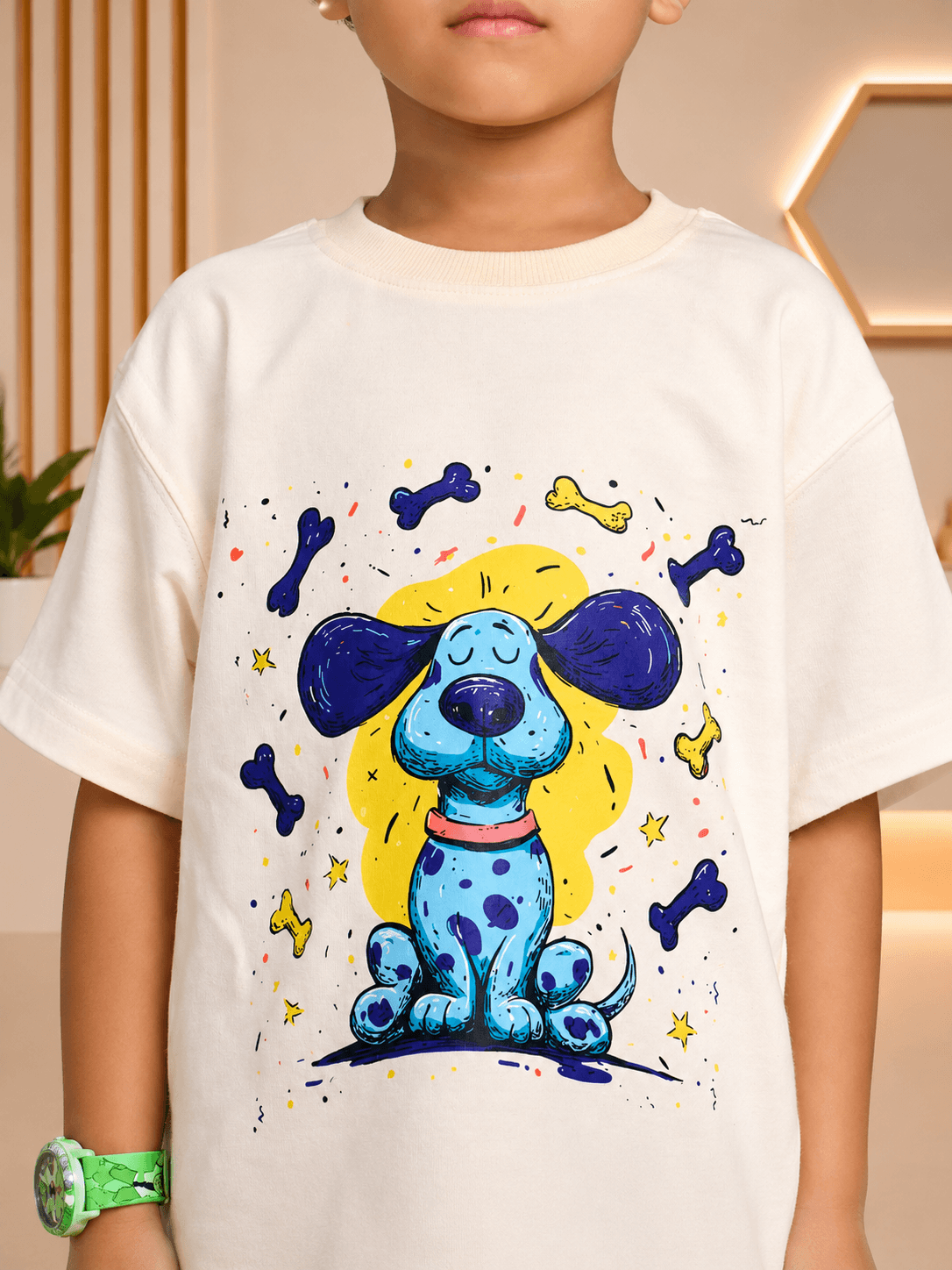 CUTE BLUE PUPPY PRINT CO-ORD FOR BOYS GIRLS OFF WHITE featuring a colorful dog design on a t-shirt.
