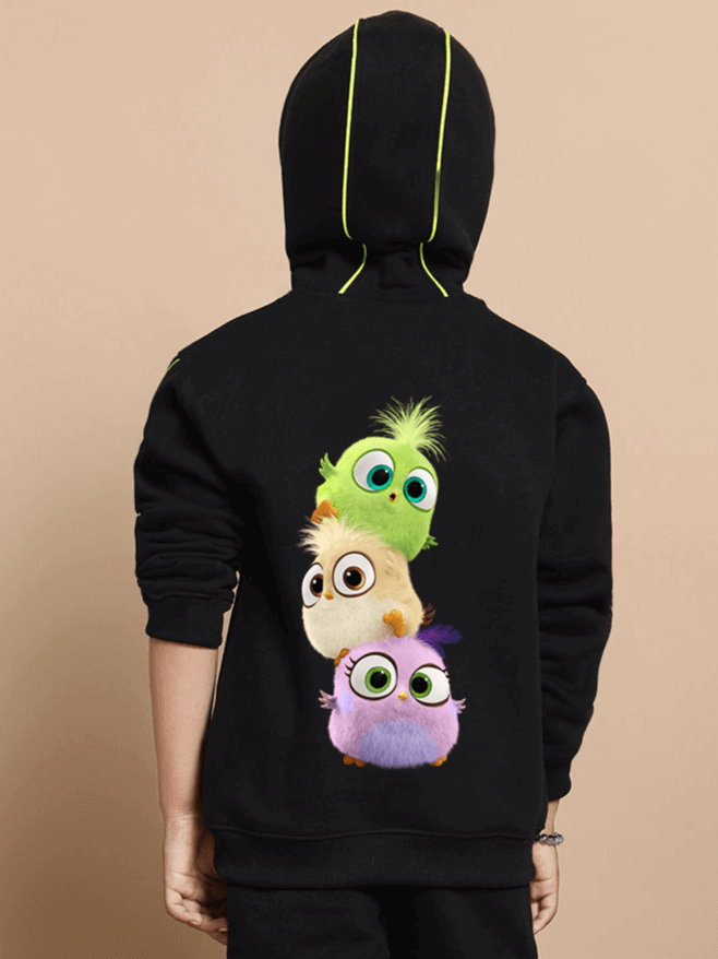 Black oversized hoodie for kids featuring cute angry bird design on the back, suitable for boys and girls, DUDS brand.