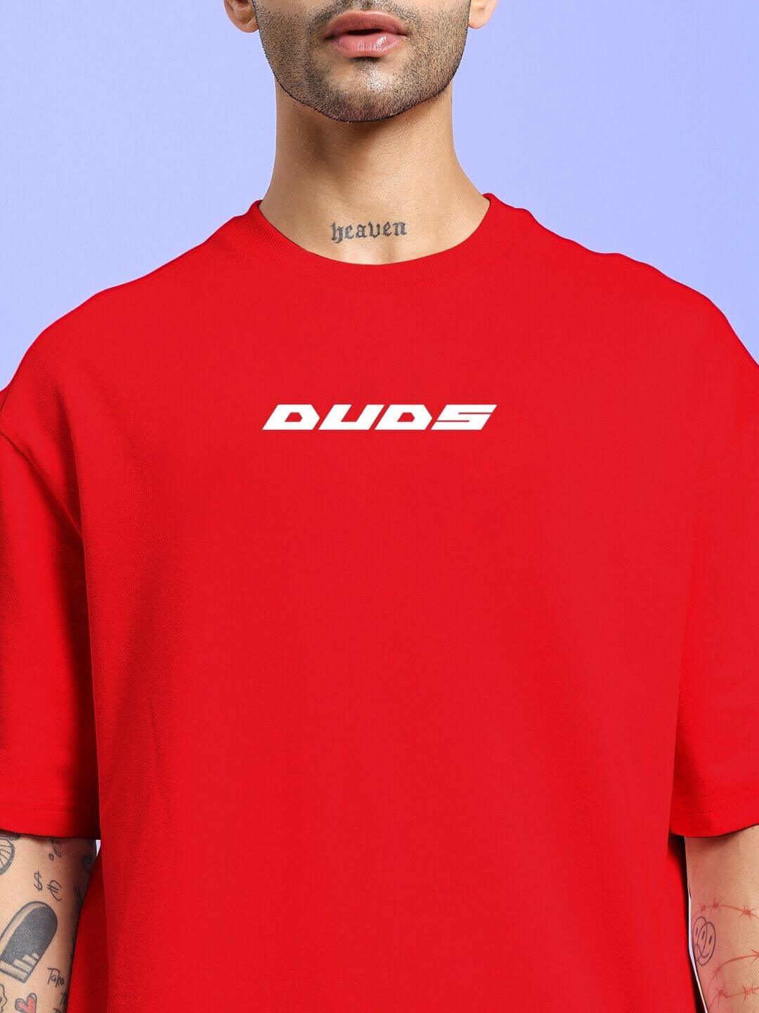 CYBERPUNK OVER-SIZED T-SHIRT RED showcasing futuristic street style with bold red design on model.