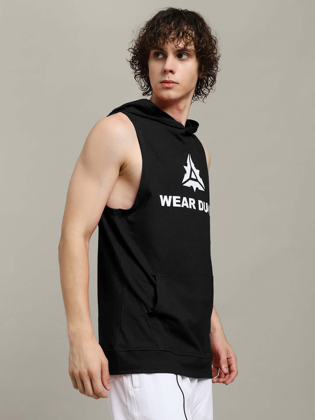 Model wearing black CYBRAN gym hooded t-shirt with "Wear Duds" logo, showcasing sleeveless design.