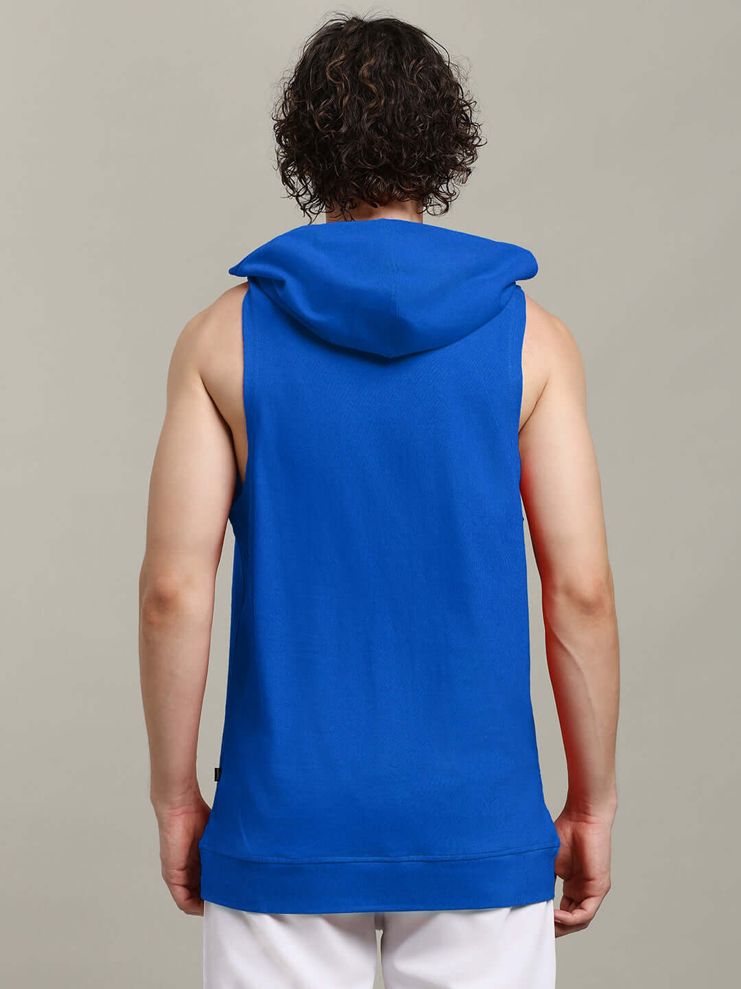 Back view of CYBRAN GYM HOODED T-SHIRT BLUE showcasing vibrant color and sleeveless hooded design ideal for gym and streetwear.
