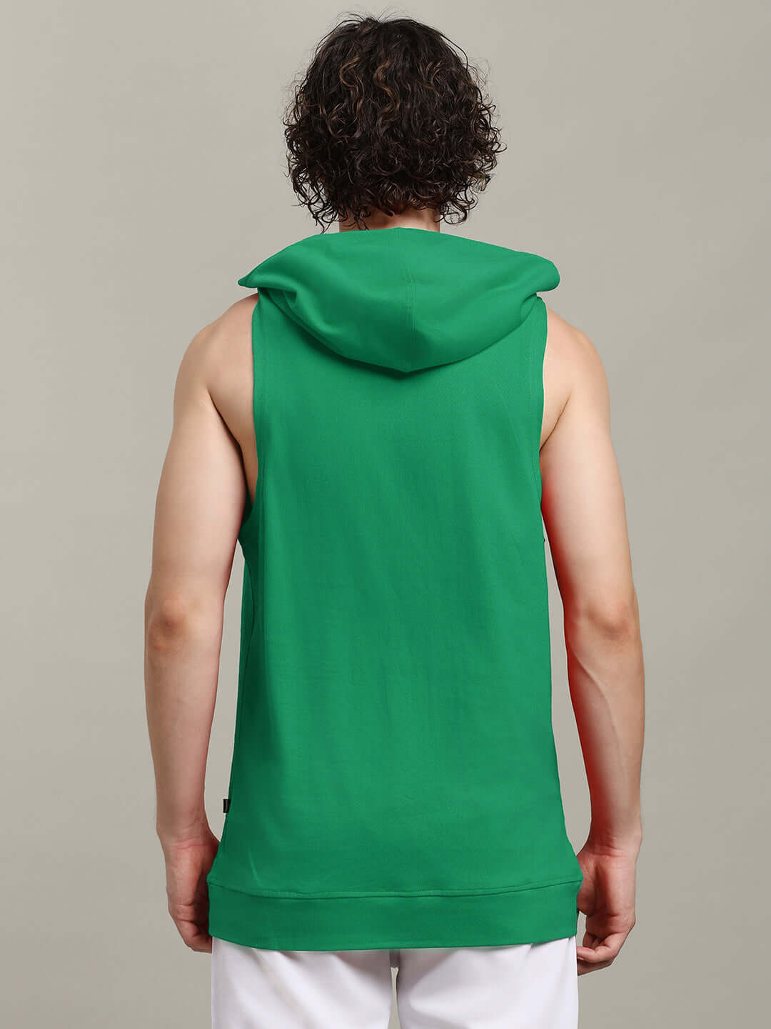 Back view of CYBRAN GYM HOODED T-SHIRT GREEN, showcasing the sleeveless design and bold color, ideal for gym workouts and streetwear style.