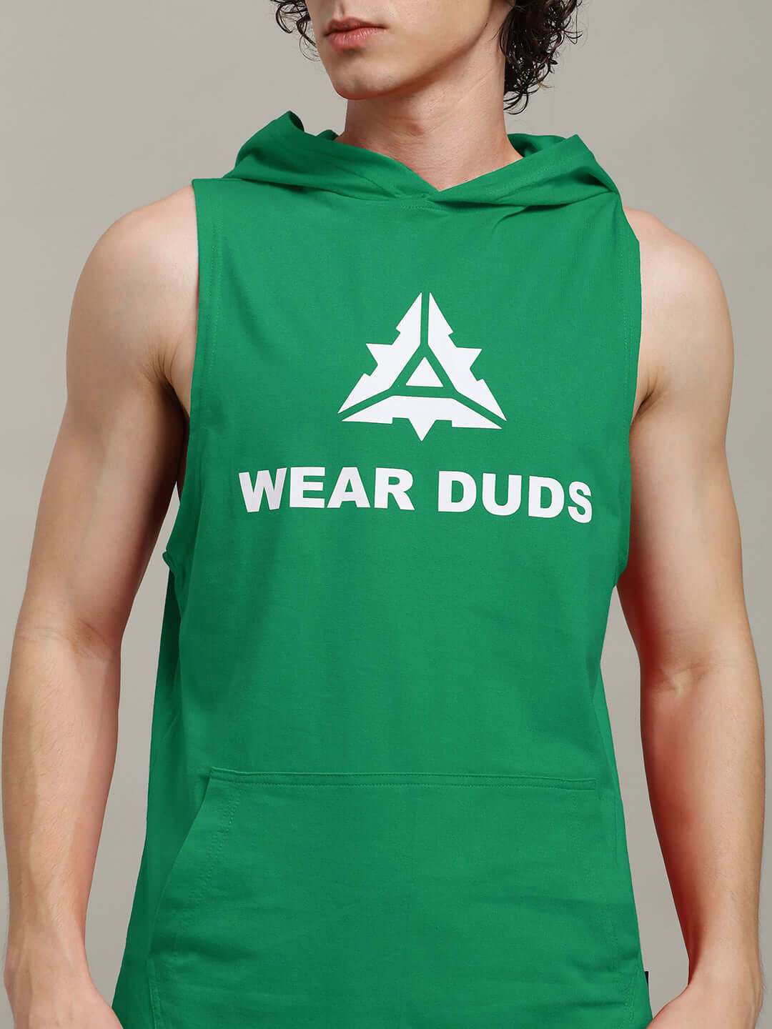 Man wearing CYBRAN GYM HOODED T-SHIRT GREEN with unique logo and bold streetwear design.
