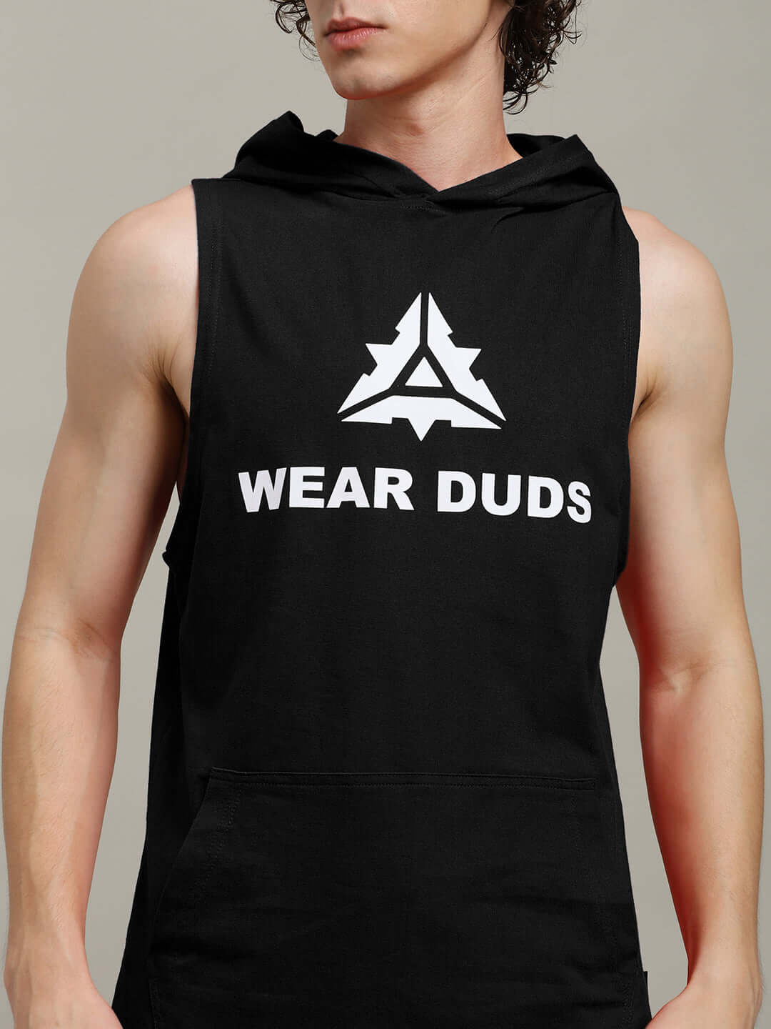 Model wearing black CYBRAN gym hooded t-shirt with 'Wear Duds' logo on front.