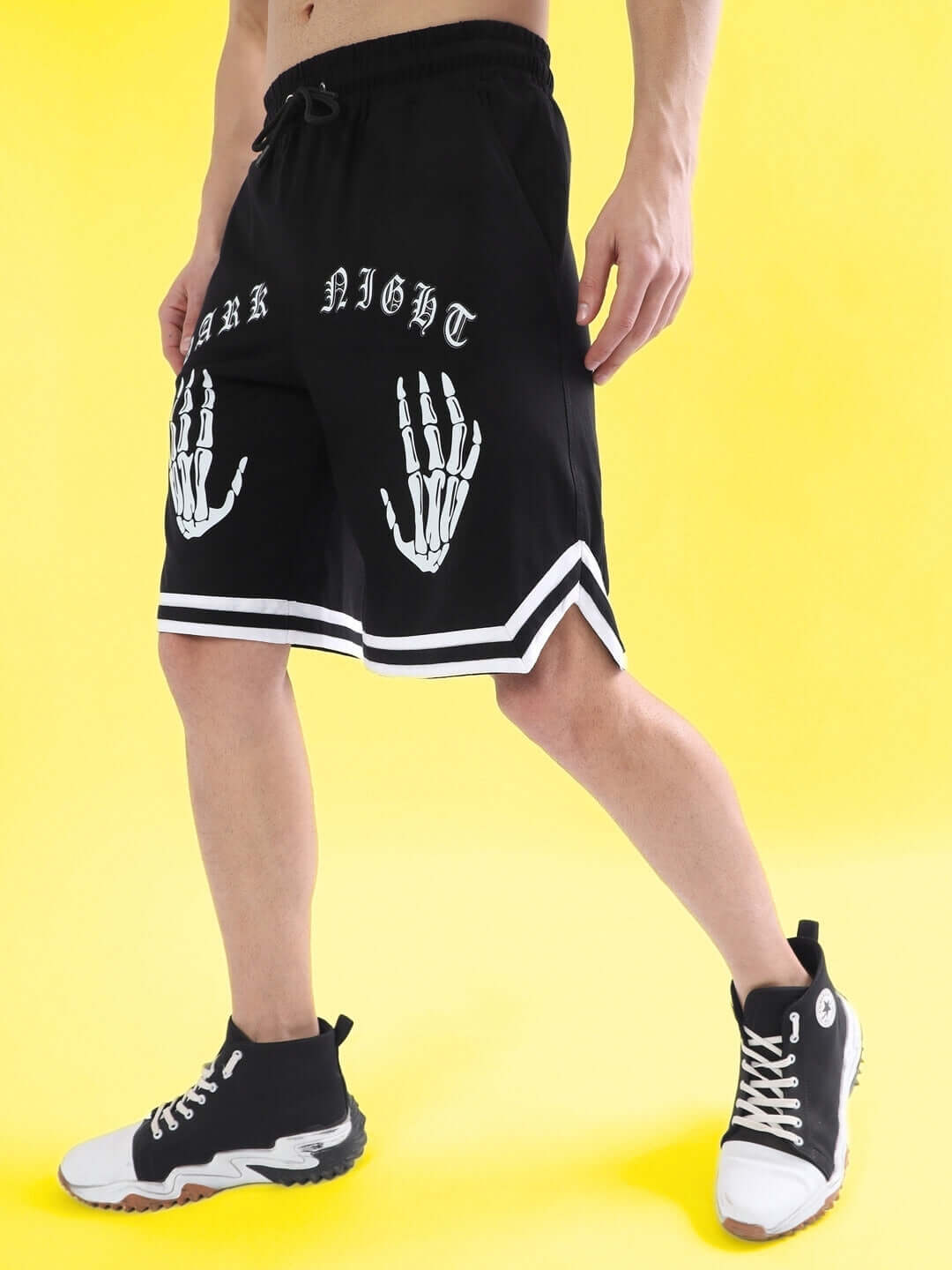 Black DARK NIGHT regular fit shorts with skeleton hand design, showcasing comfort and style for casual wear.