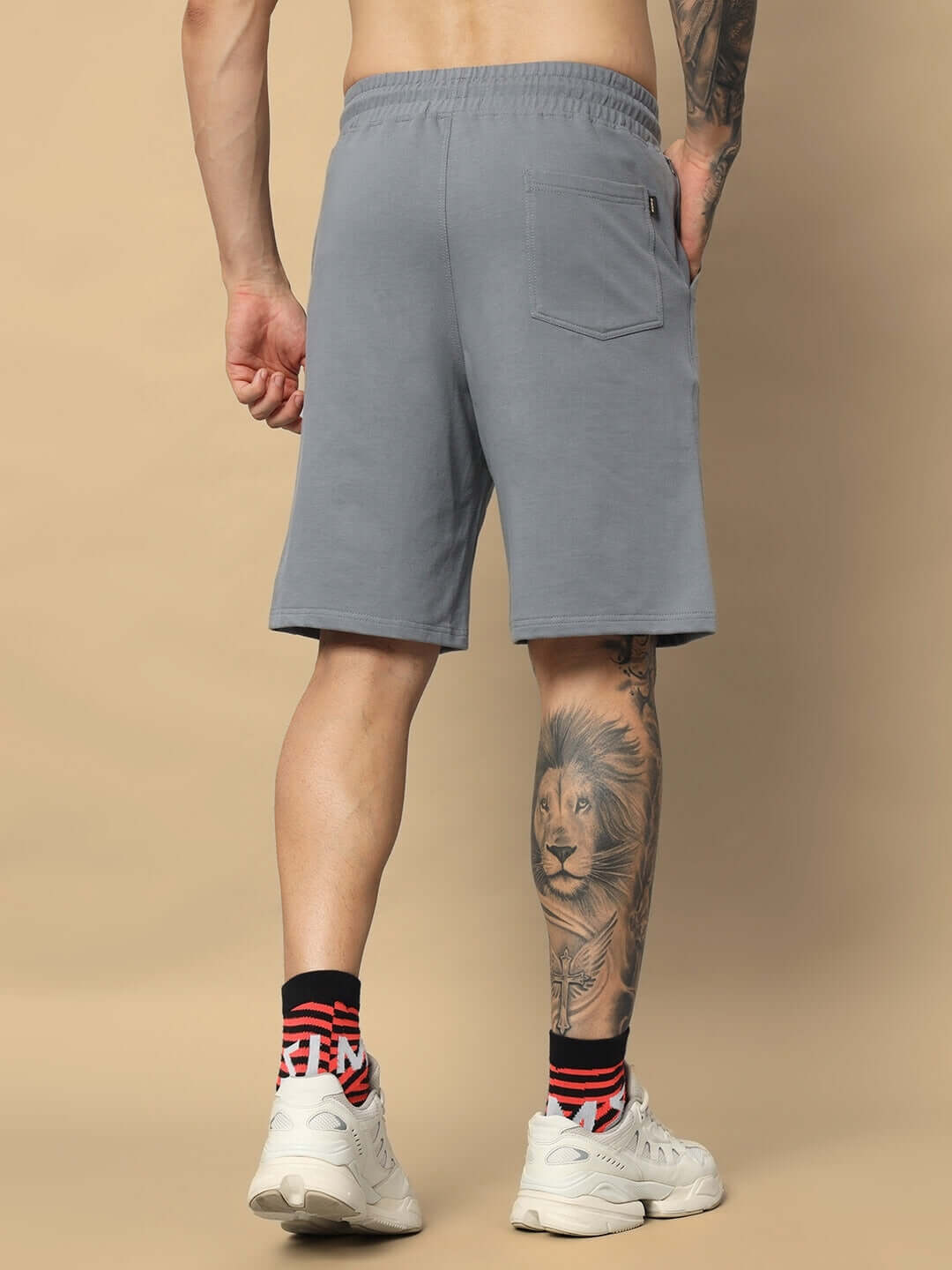 Back view of grey DARK WEB regular fit shorts, showcasing design details and casual style. Ideal for a customized fit option.