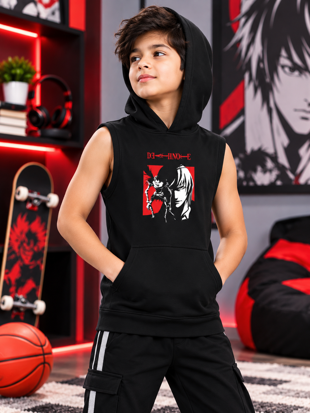 DEATH NOTE GYM SLEEVELESS HOODED T-SHIRT FOR BOYS GIRLS BLACK