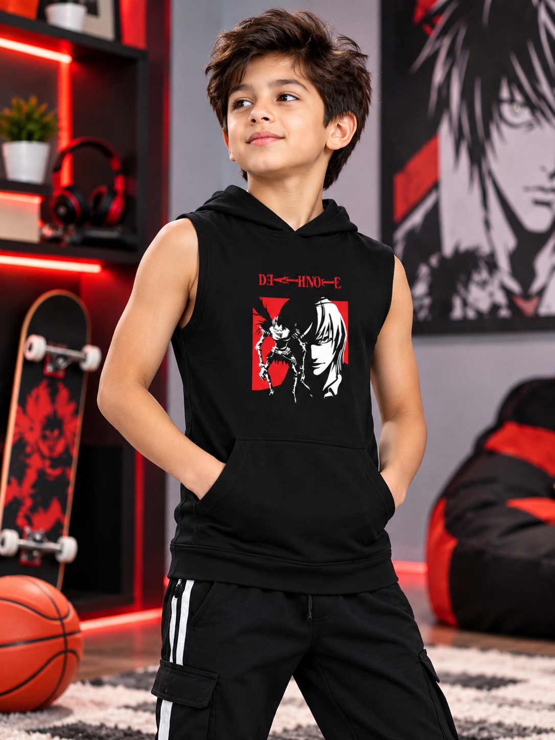 DEATH NOTE GYM SLEEVELESS HOODED T-SHIRT FOR BOYS GIRLS BLACK