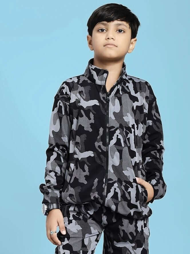 DEFENCE CAMOFLAUGE JACKET FOR BOYS AND GIRLS BLACK GREY | Model wearing black grey camouflage jacket